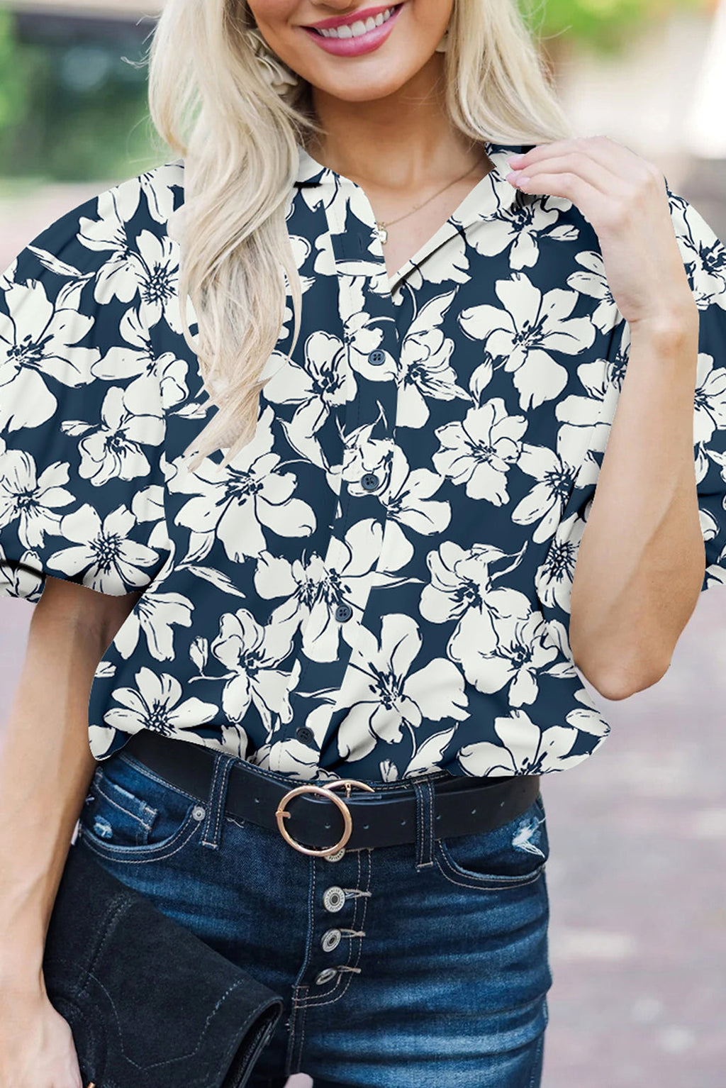 Blue Floral Short Puff Sleeve Summer Shirt - enhanced image 1
