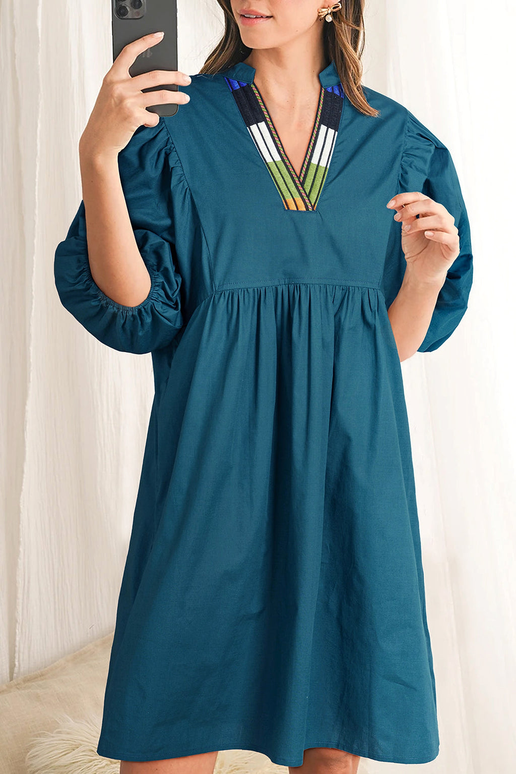 Blue Sapphire Colorblock Split V Neck Puff Sleeve Mini Dress - enhanced image 1