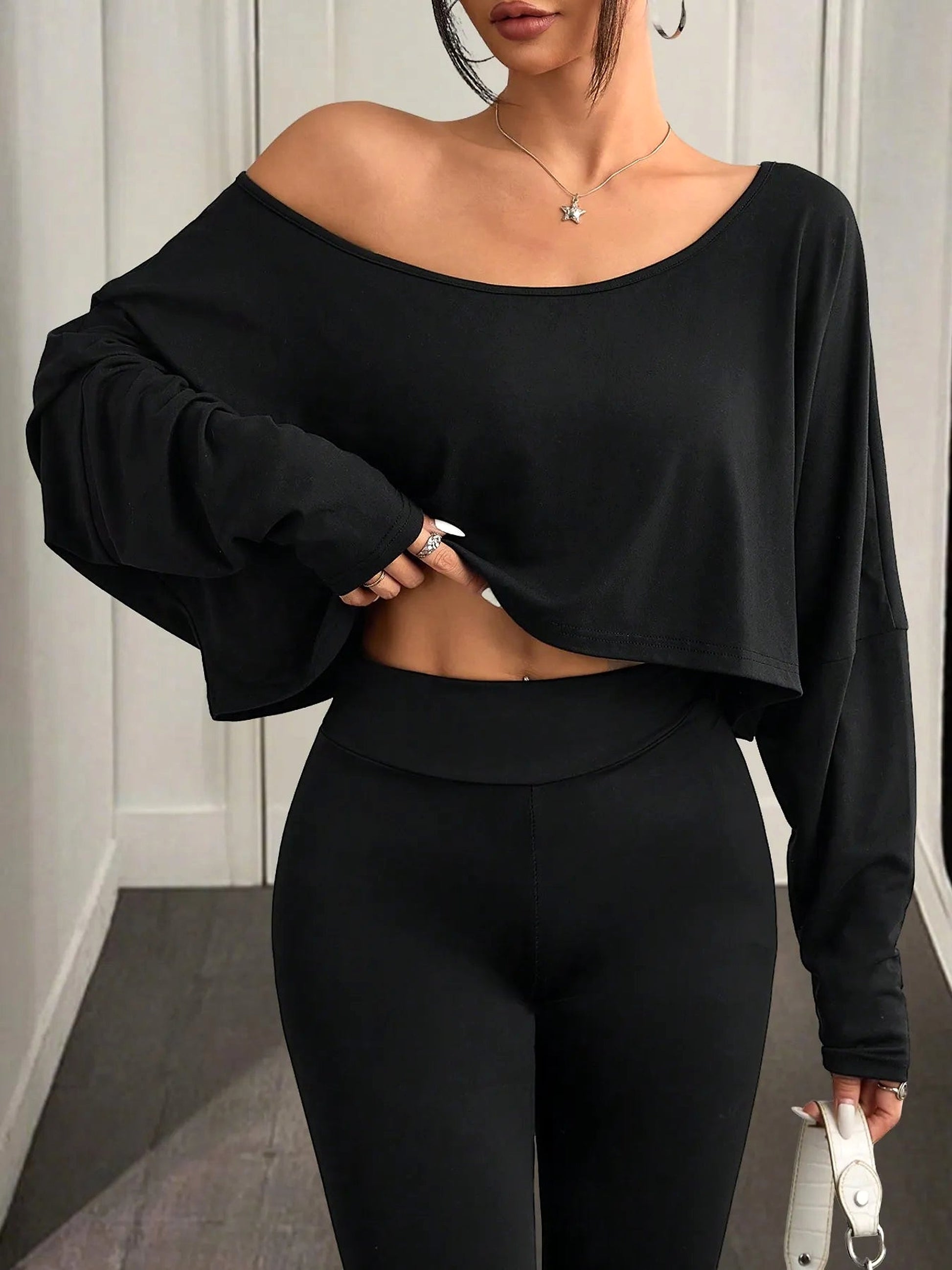 Boat Neck Long Sleeve Crop Top - enhanced image 1