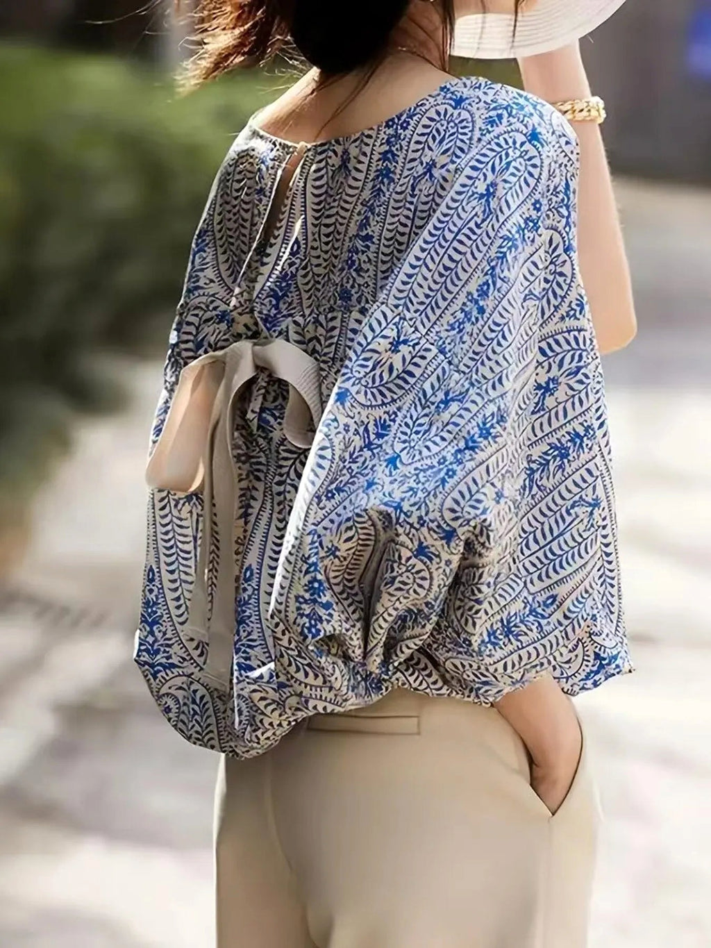 Bohemian Print Round Neck Loose Batwing Sleeve Blouse - enhanced image 1