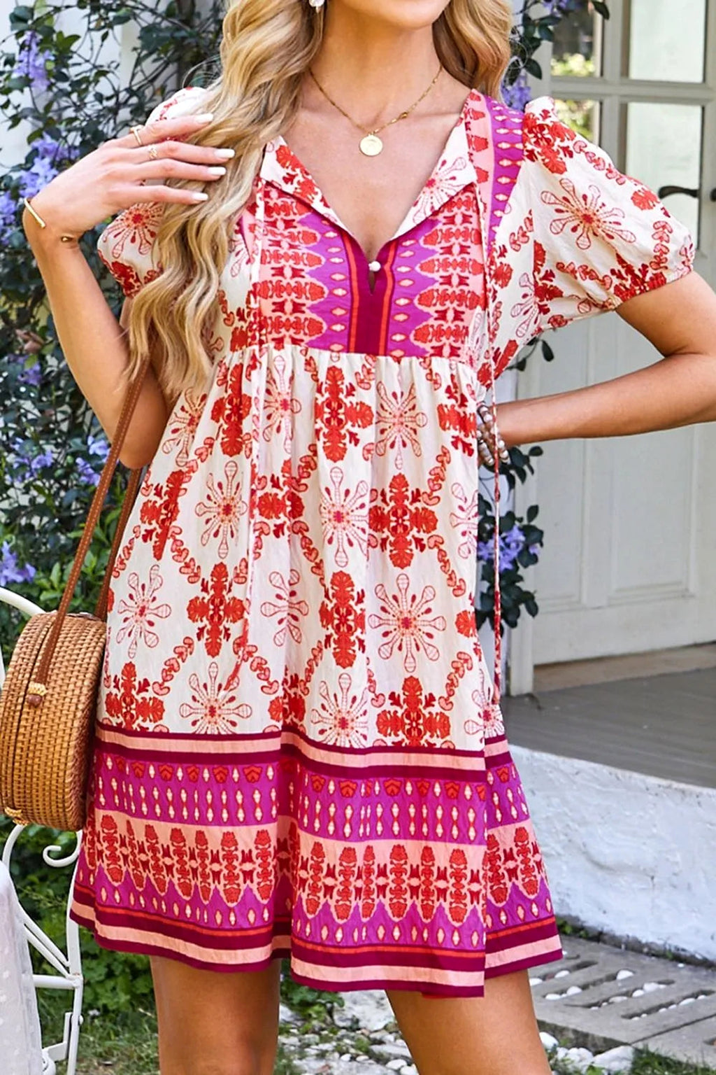 Boho Floral Short Sleeve Tie Neck Mini Dress - enhanced image 1