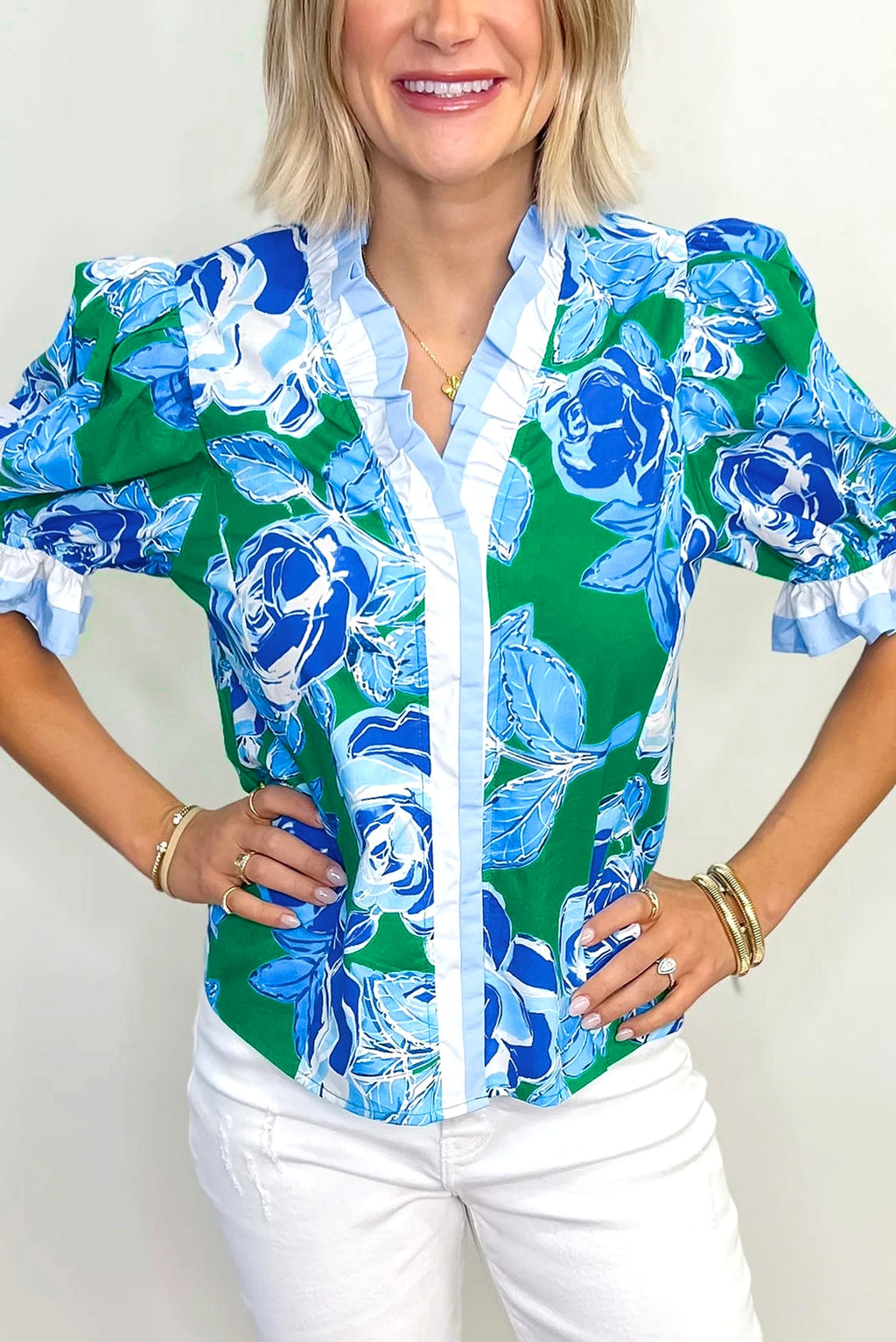 Bright Green Floral Frilled V Neck Short Sleeve Blouse Top - enhanced image 1
