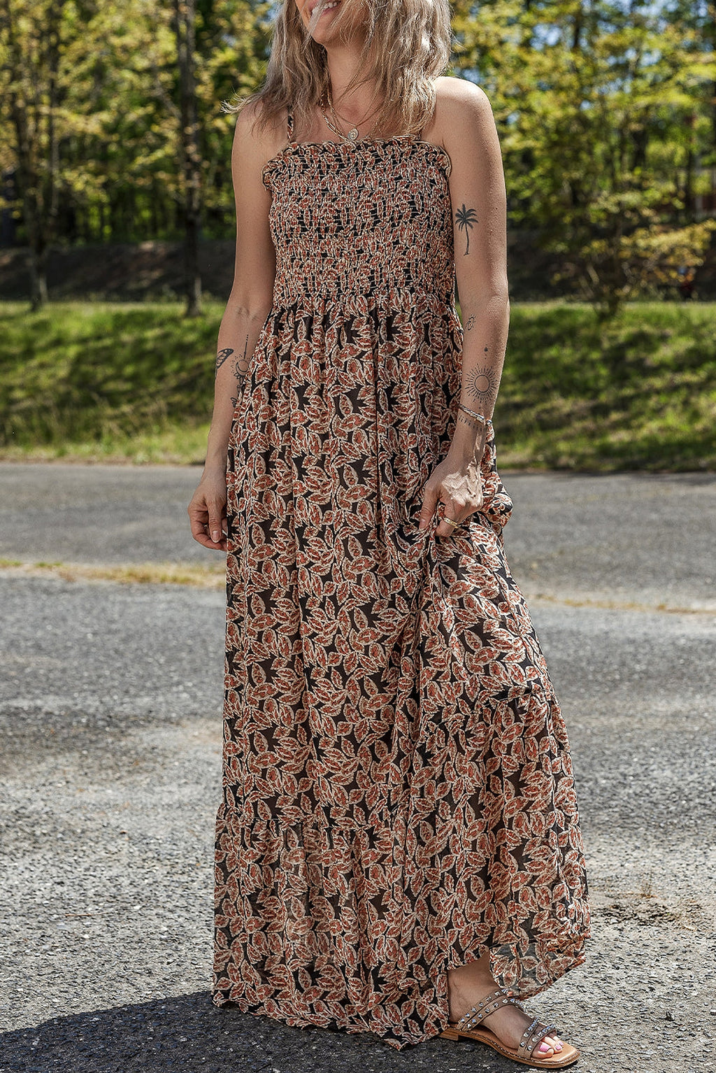 Brown Floral Smocked Bodice High Waist Flowy Sun Dress - enhanced image 1
