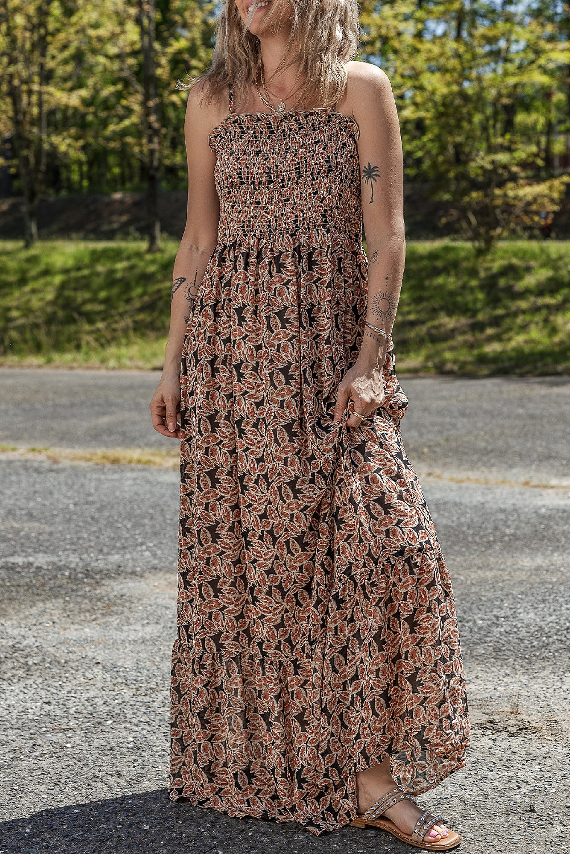 Brown Floral Smocked Bodice High Waist Flowy Sun Dress - enhanced image 1