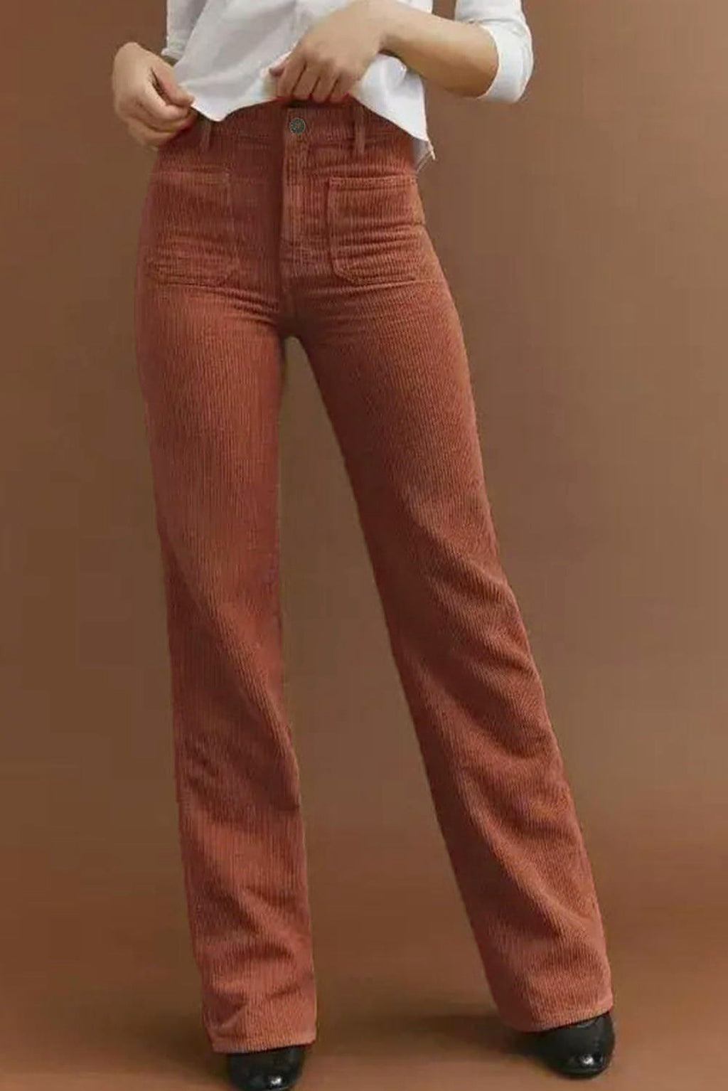 Brown High Waist Square Pockets Corduroy Pants - enhanced image 1