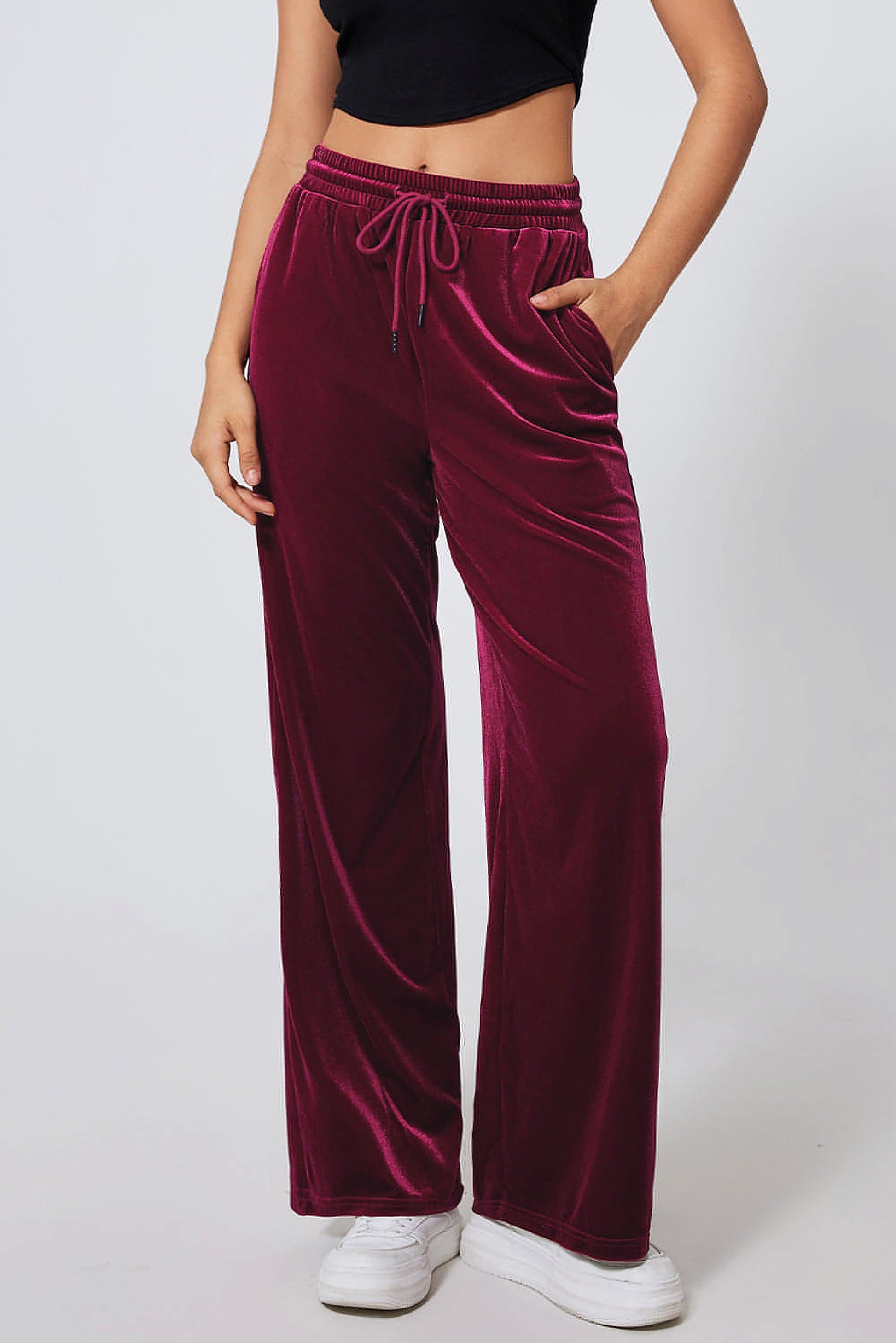 Burgundy Solid Drawstring Waist Wide Leg Pants - enhanced image 1