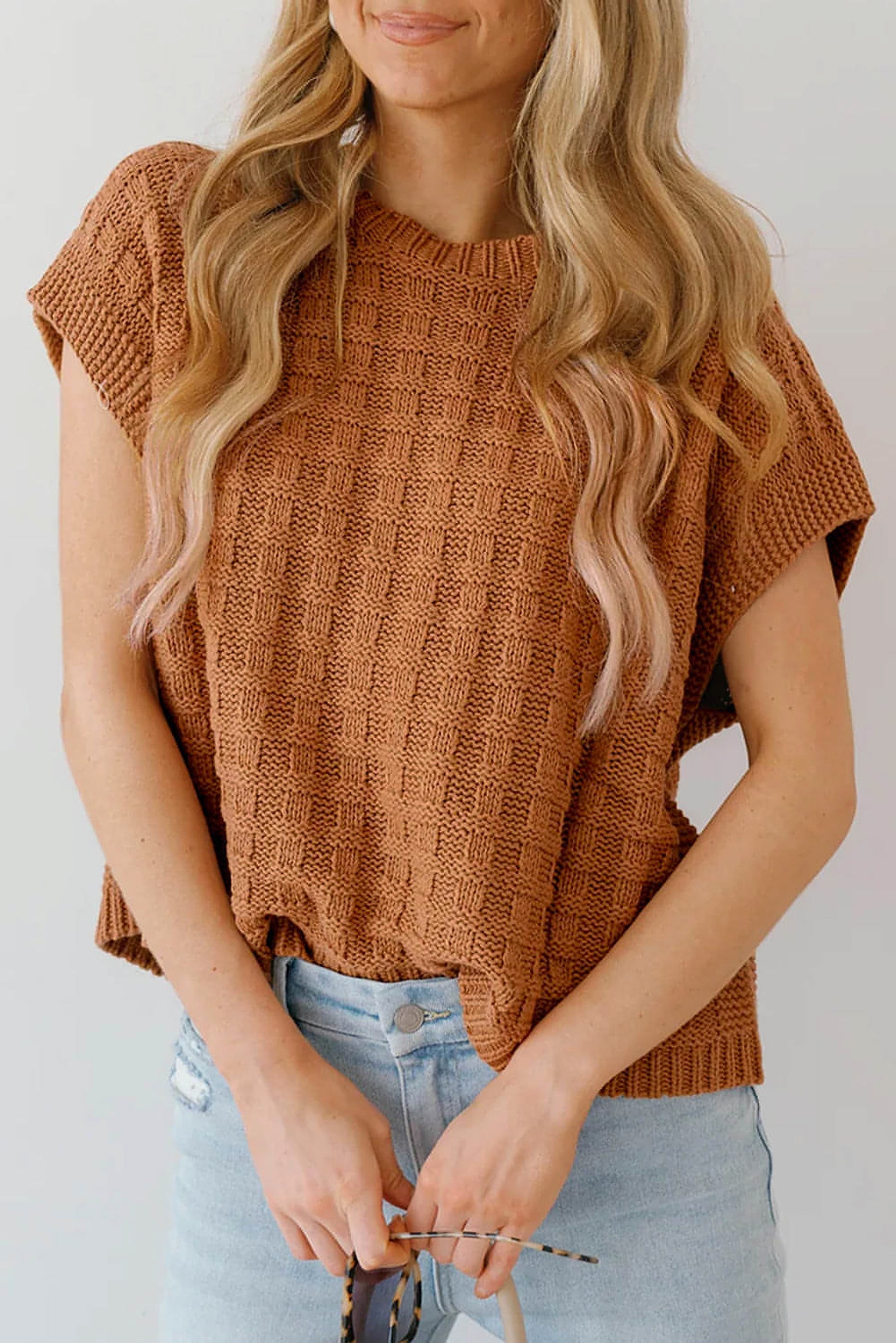 Camel Round Neck Textured Knit Sweater Vest - enhanced image 1