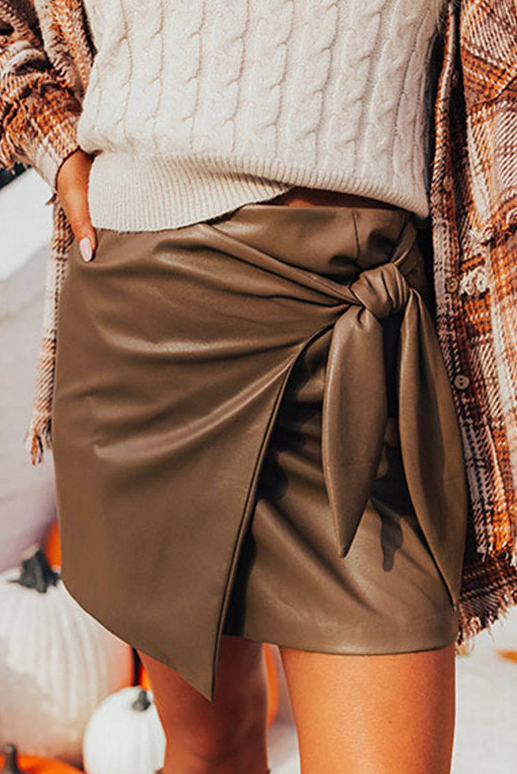 Coffee Bowknot Faux Leather Mini Skirt - enhanced image 1