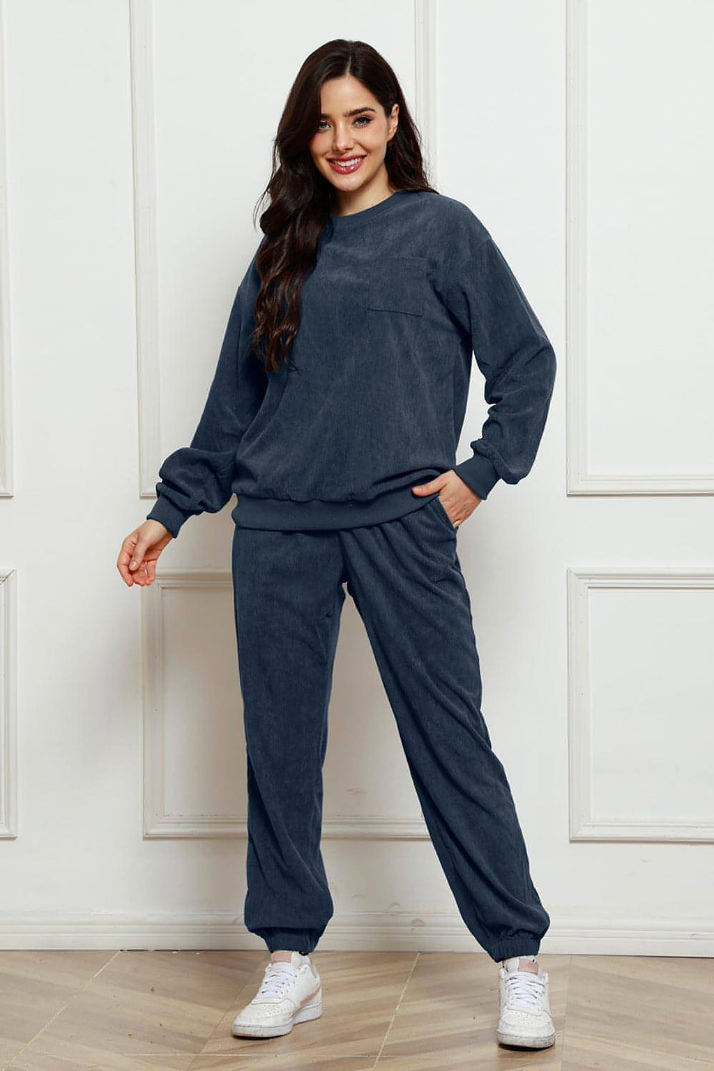 Corduroy Round Neck Sweatshirt and Sweatpants Set - enhanced image 1