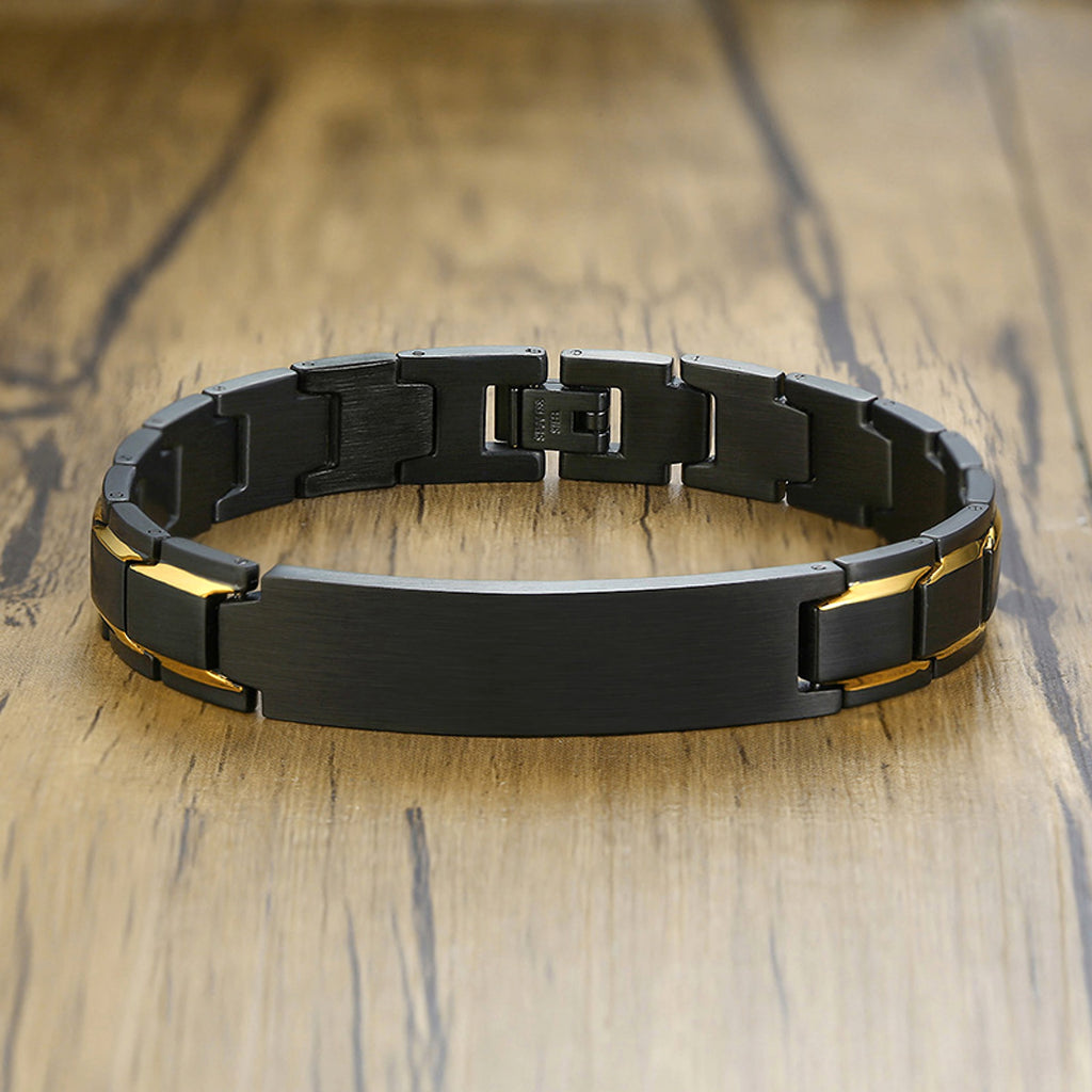 Custom Engraving Heavy Chain Bracelet 12mm Men's Black Matt Finish Curved Bar Charm Bracelet in Stainless Steel - enhanced image 1