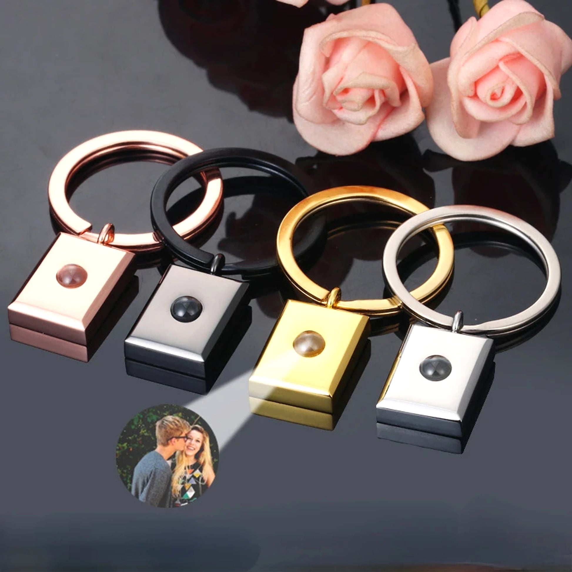 Customized Square Keychain Pendant with Bracelet & Projection Photo - enhanced image 1