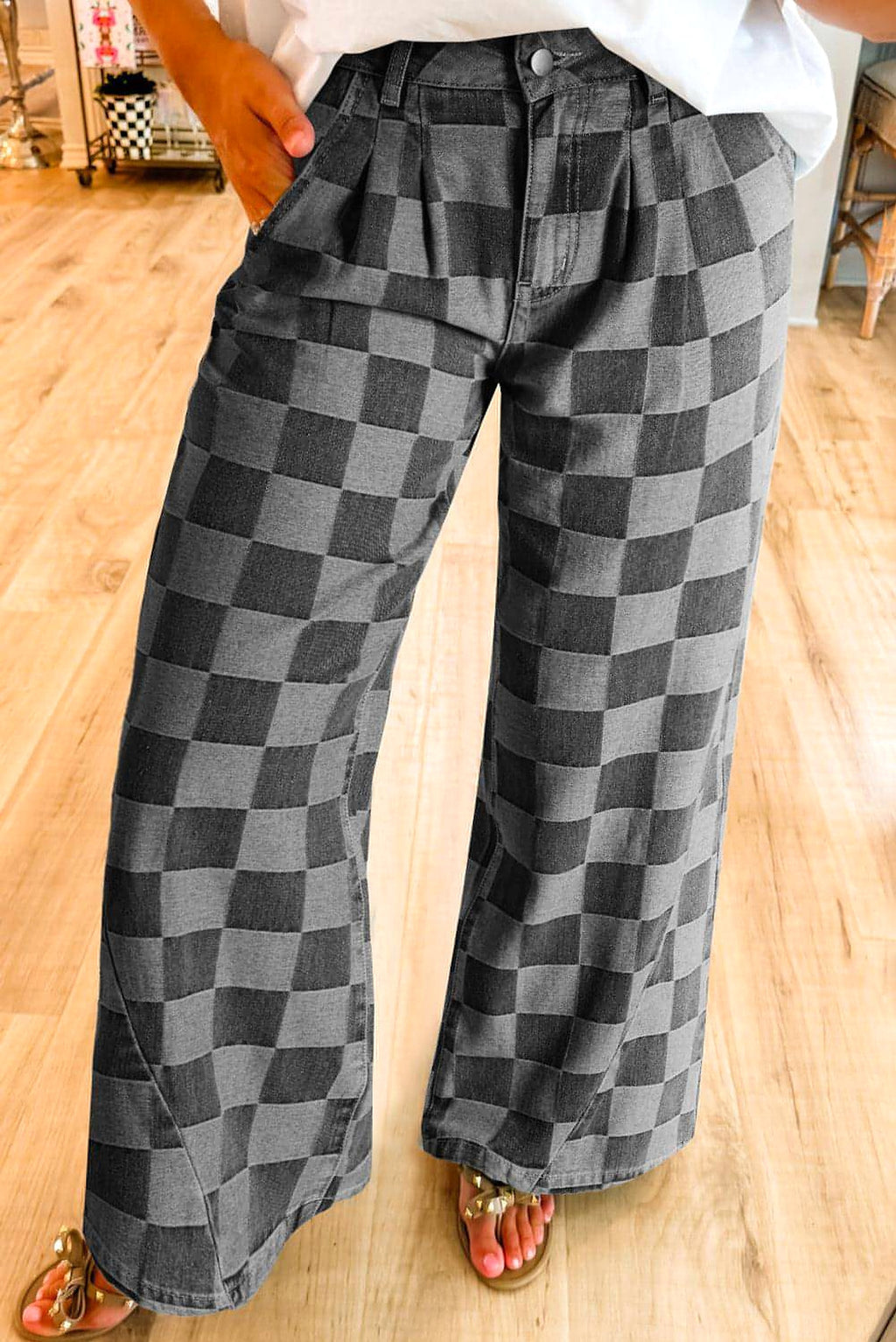 Dark Grey Checkered Denim Wide Leg Jeans - enhanced image 1
