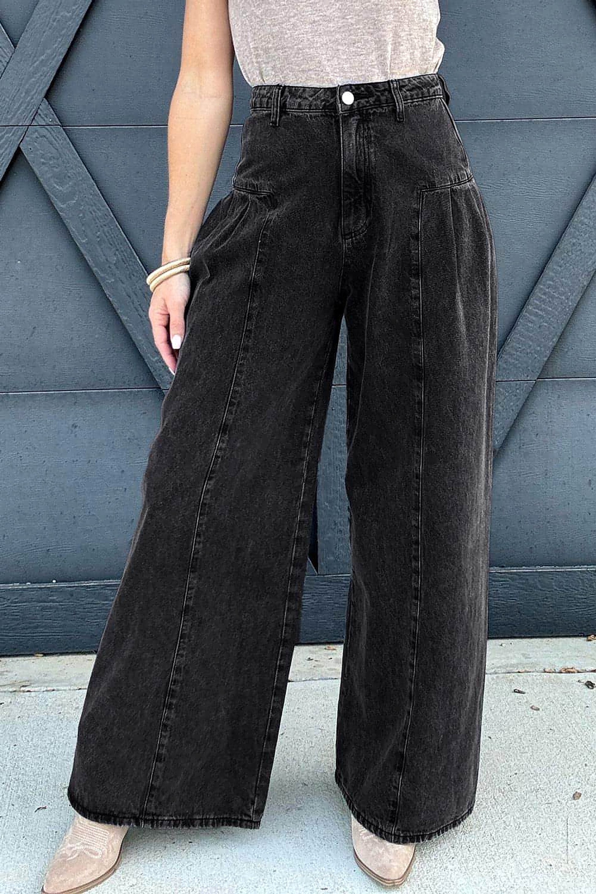 Dark Grey Pleated Wide Leg Mineral Wash Denim Pants - enhanced image 1