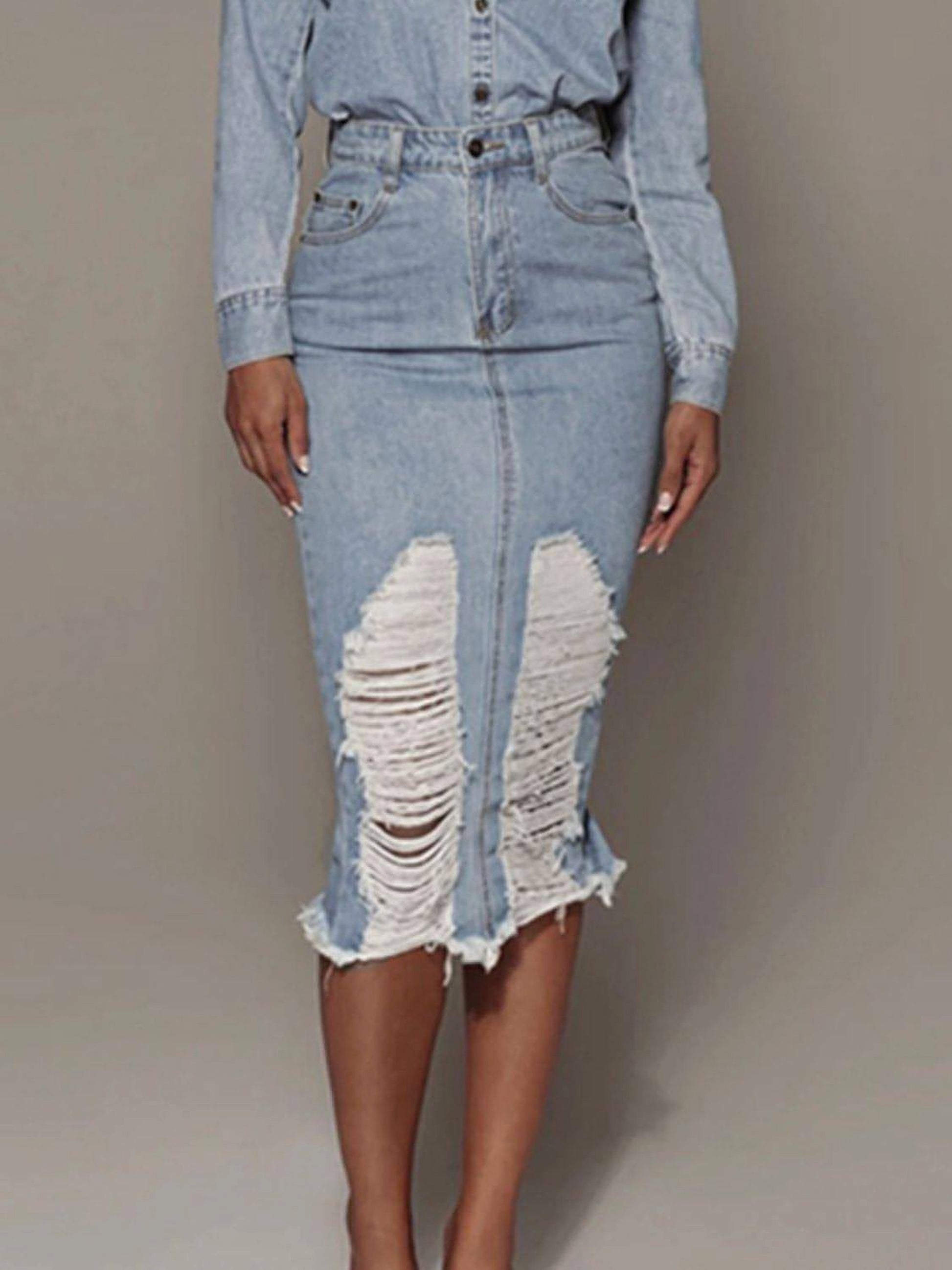 Distressed Slit Denim Skirt - enhanced image 1