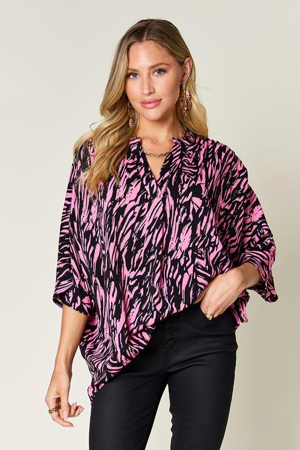 Double Take Full Size Printed Notched Three-Quarter Sleeve Blouse - enhanced image 1
