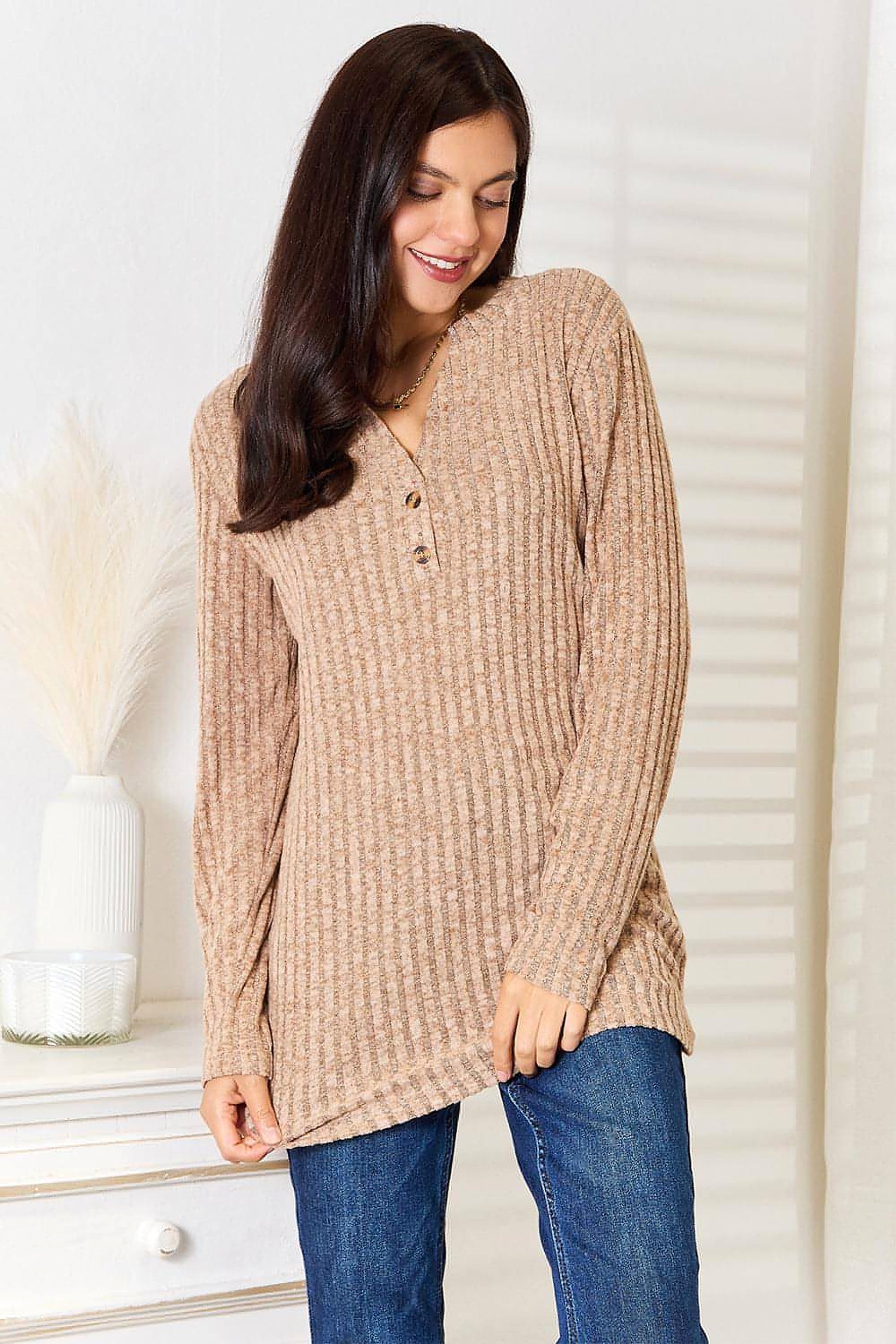 Double Take Notched Neck Ribbed Long Sleeve T-Shirt - enhanced image 1