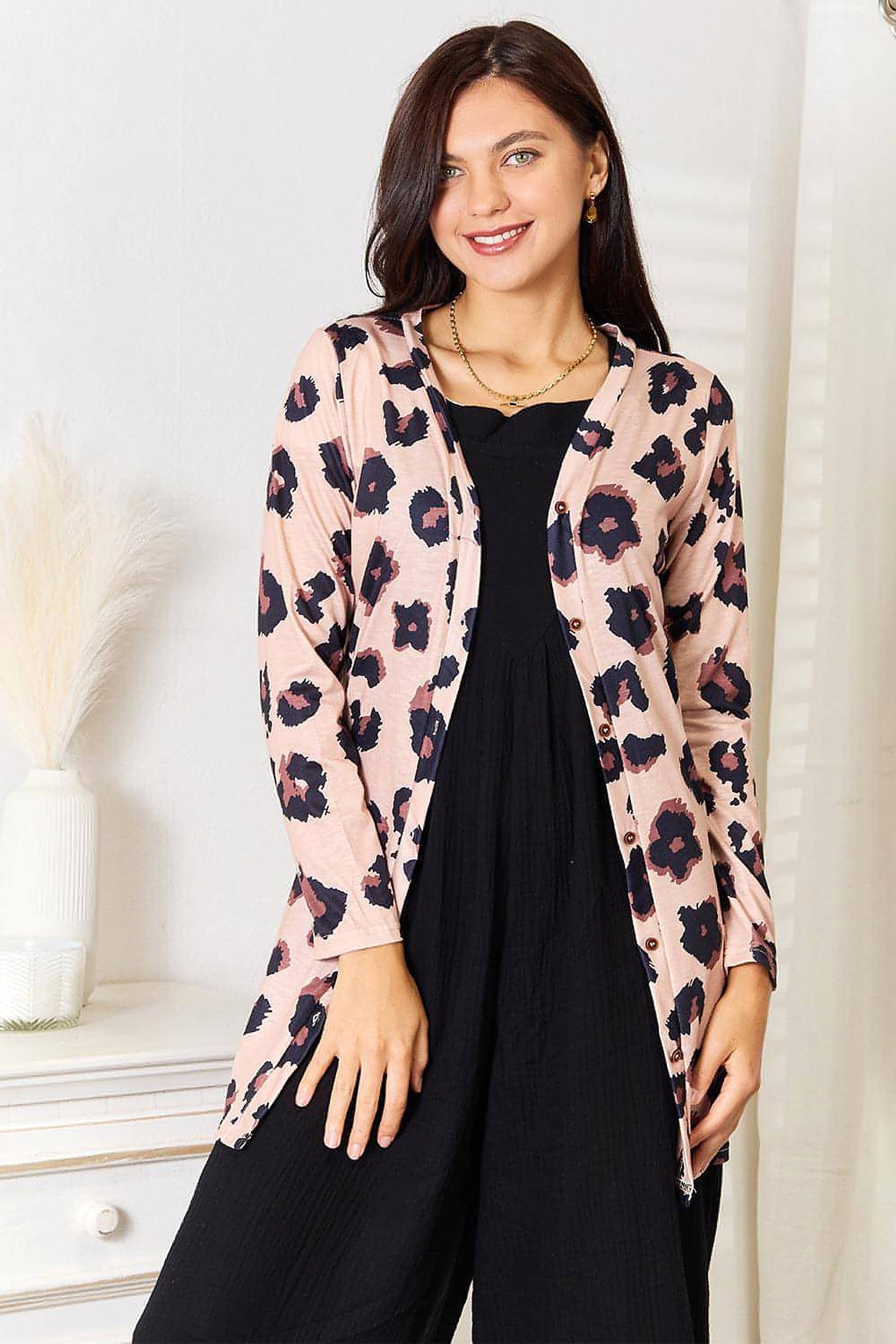 Double Take Printed Button Front Longline Cardigan - enhanced image 1