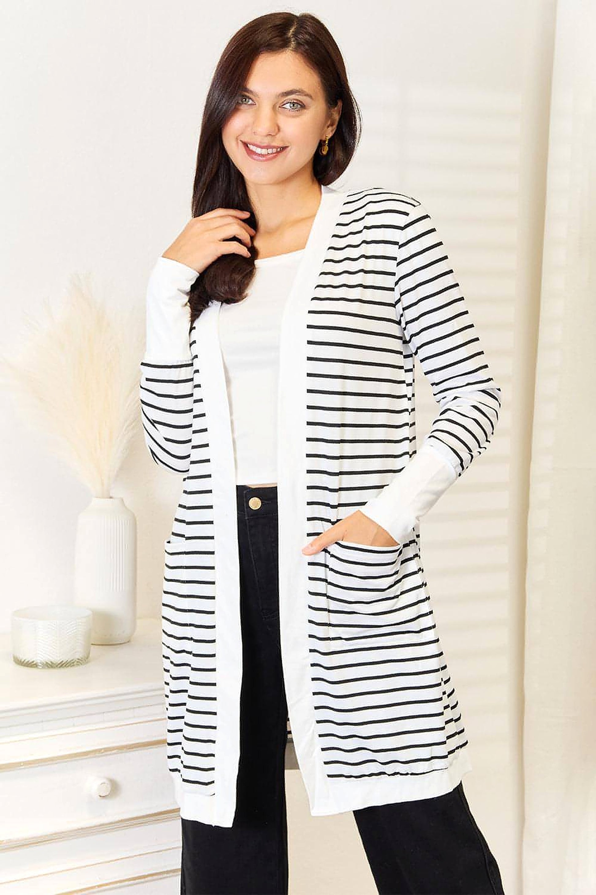 Double Take Striped Open Front Longline Cardigan - enhanced image 1