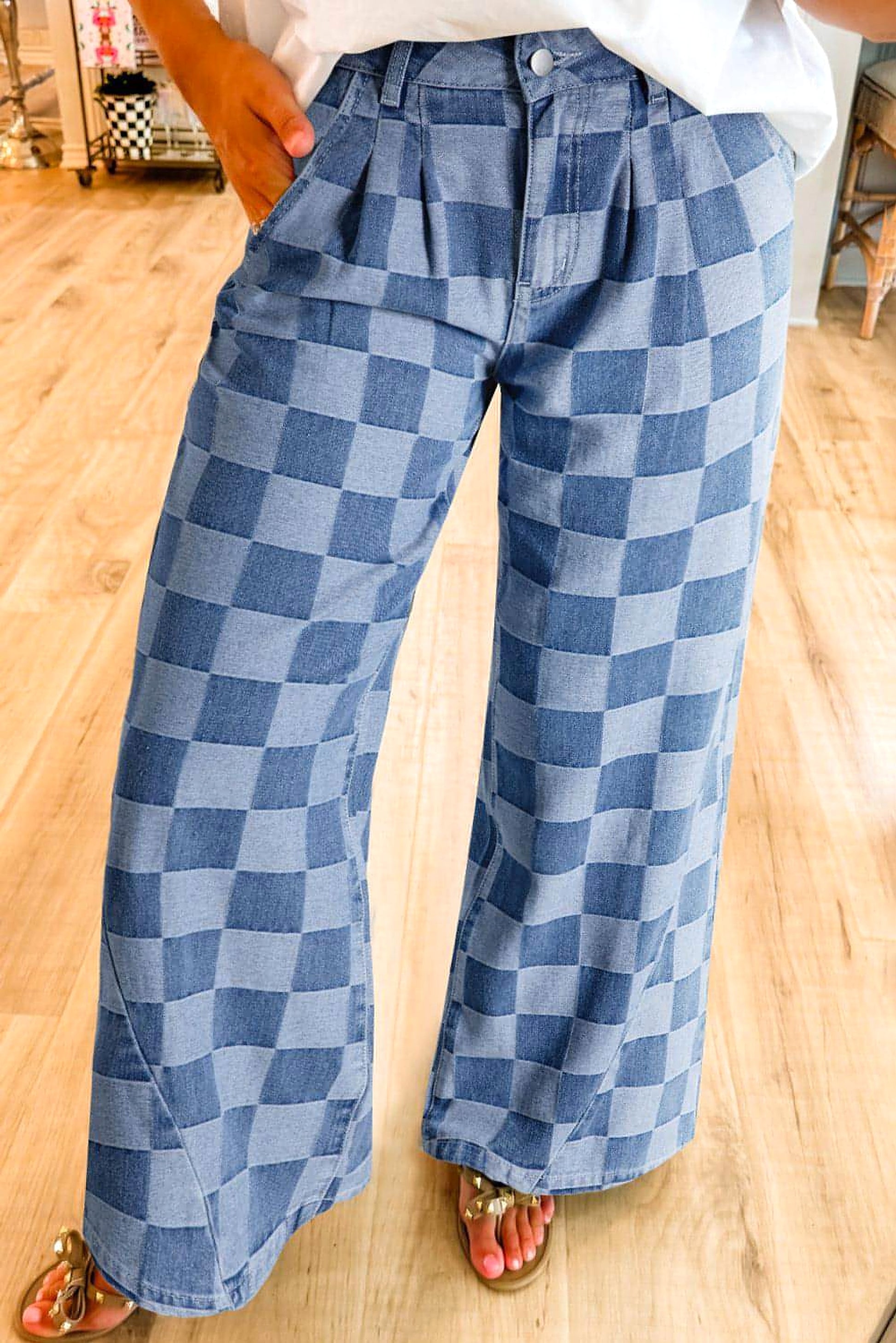Dusk Blue Checkered Denim Wide Leg Jeans - enhanced image 1