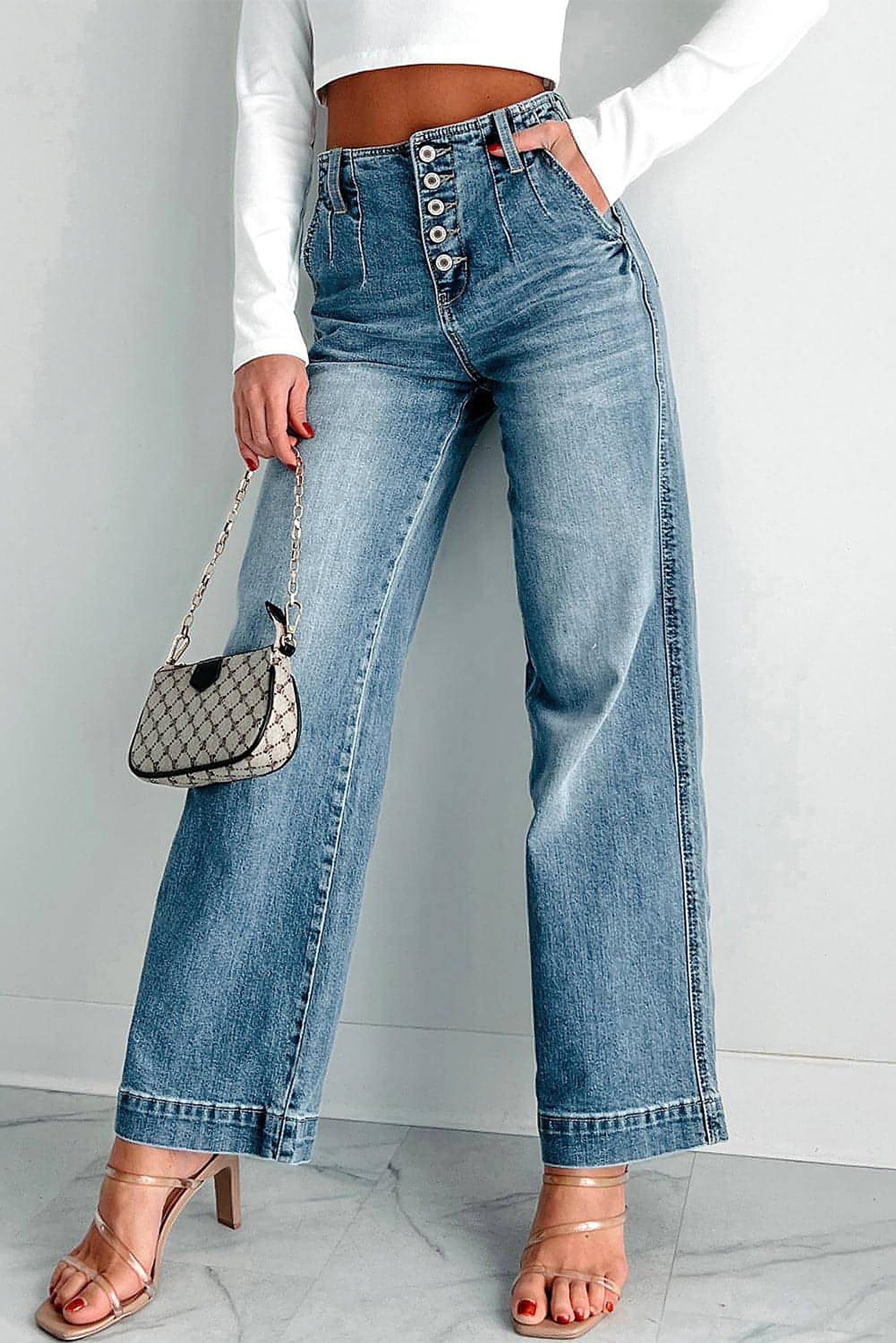 Dusk Blue Multi Buttons Medium Wash Straight Loose Leg Jeans - enhanced image 1