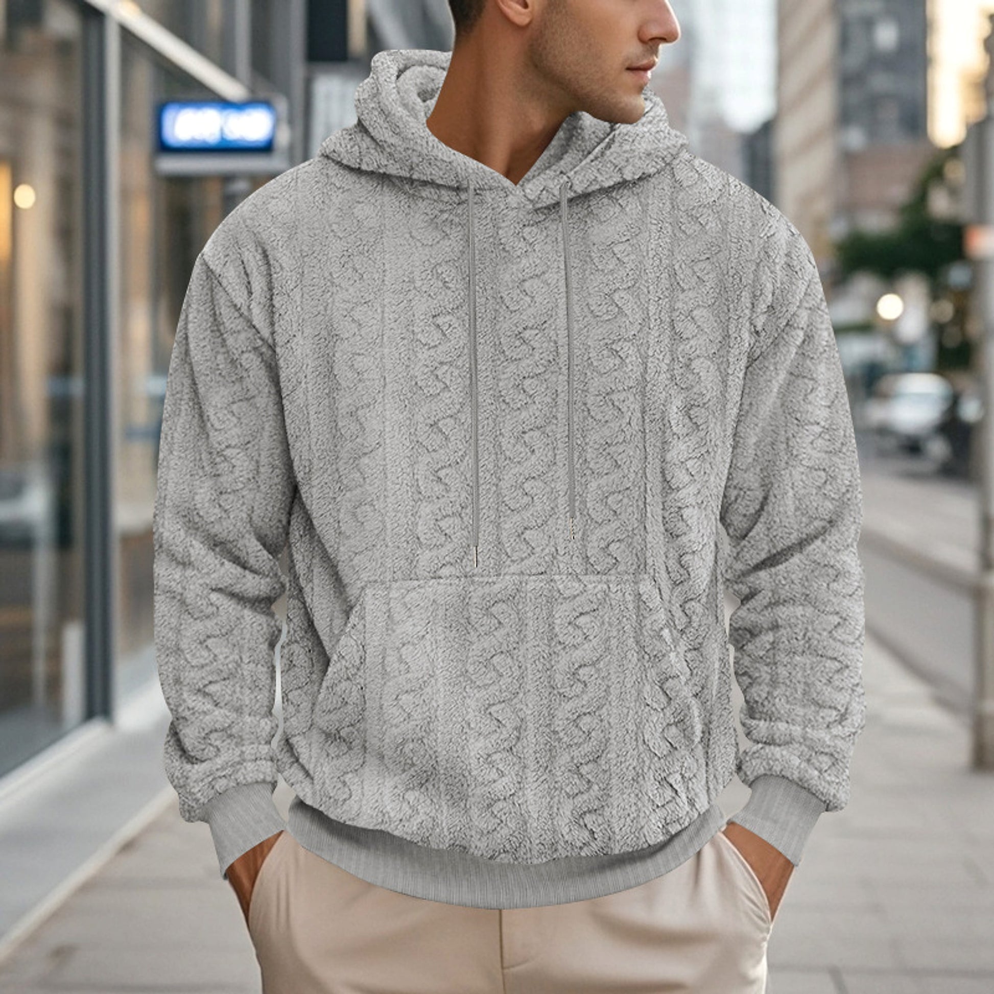 European And American Fall Winter Men Hooded Jacquard Teddy Plush Sports And Leisure Sweater - enhanced image 1
