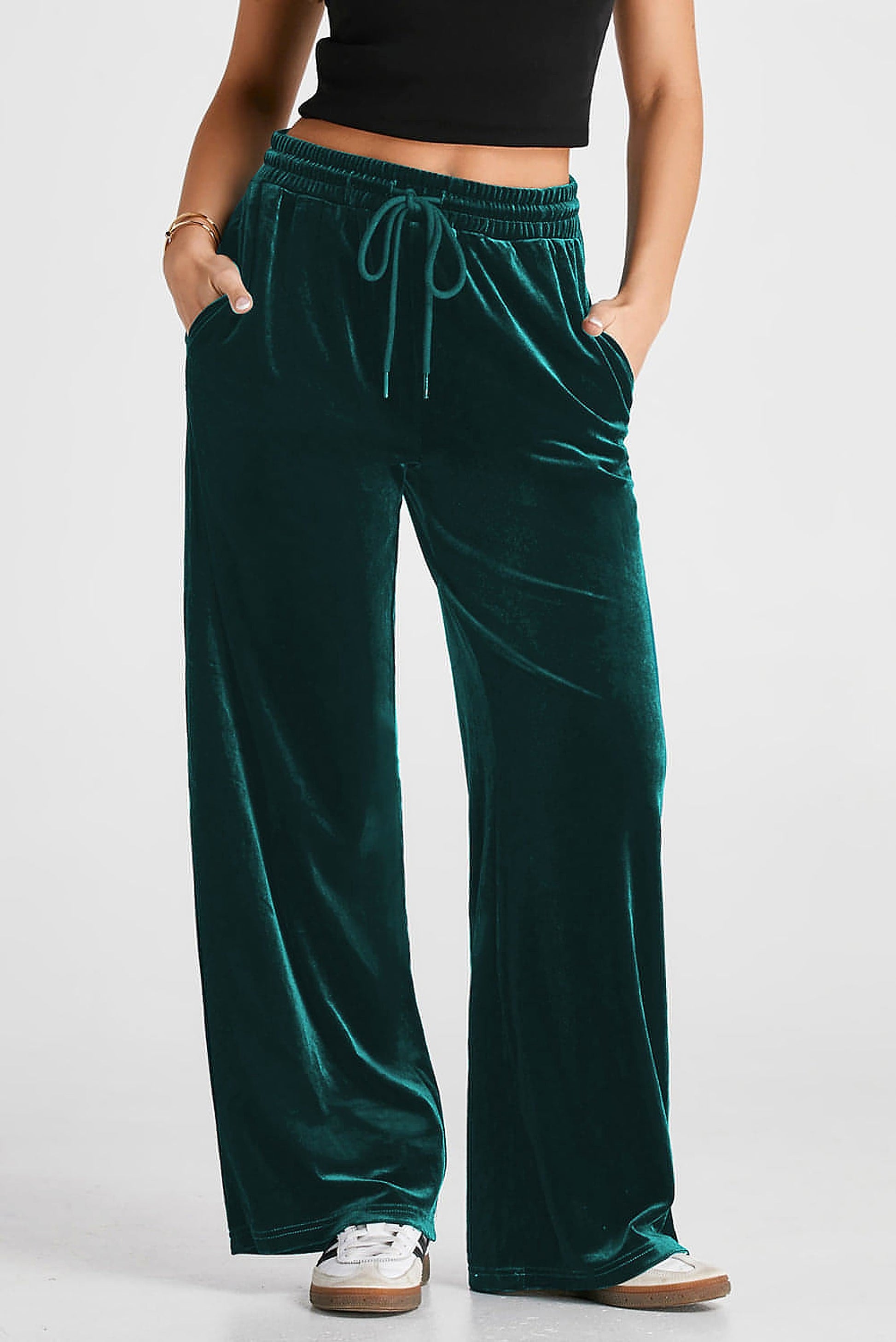 Evergreen Solid Drawstring Waist Wide Leg Pants - enhanced image 1