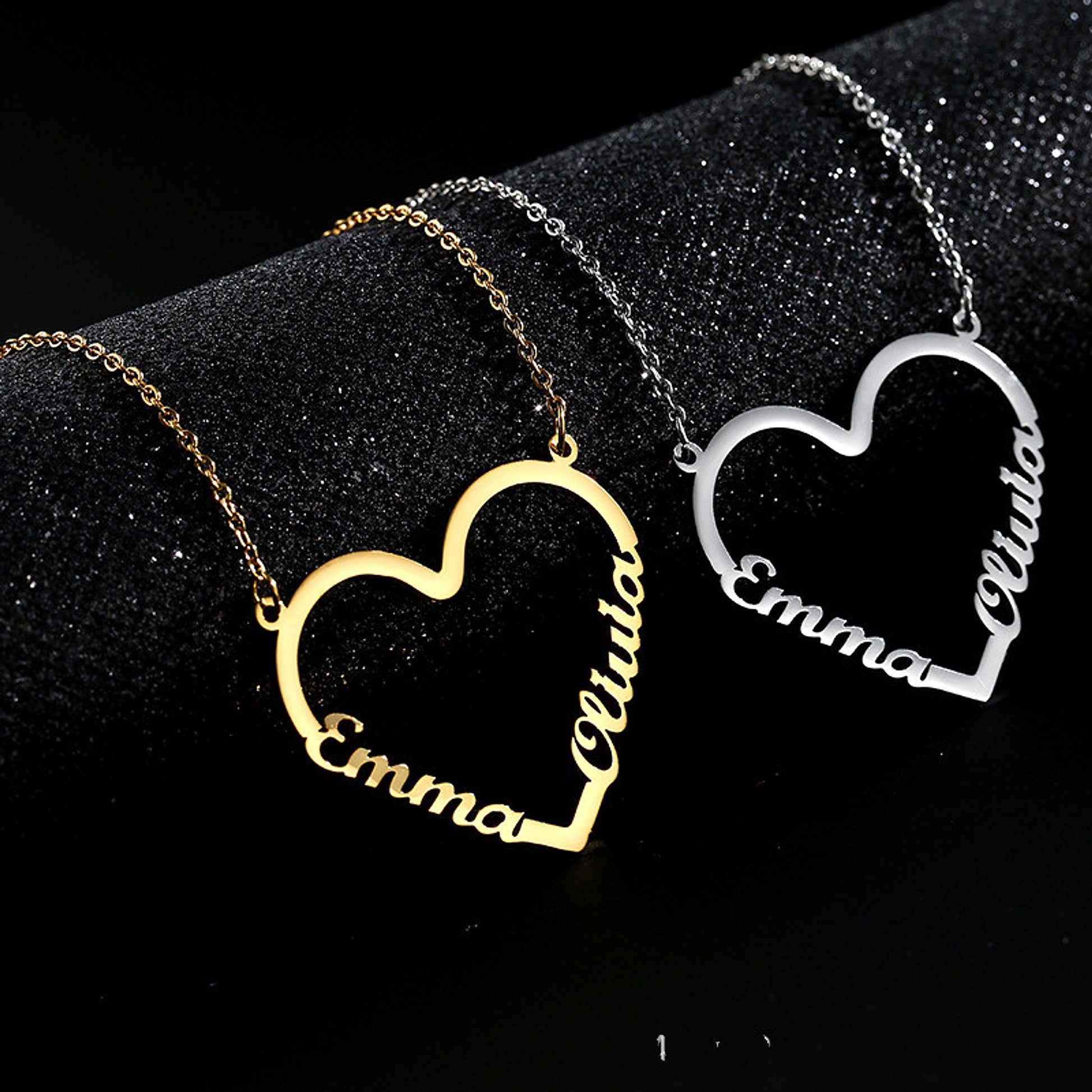 Custom Name Heart Necklace – Personalized Stainless Steel Gold Choker - enhanced image 1
