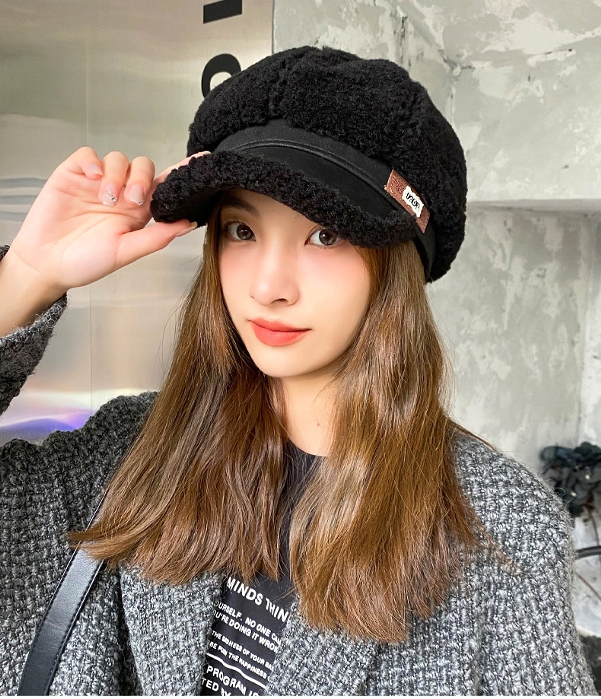Faux Cashmere Fashion Leather Tag Octagonal Winter Warm Peaked Cap Hat - enhanced image 1