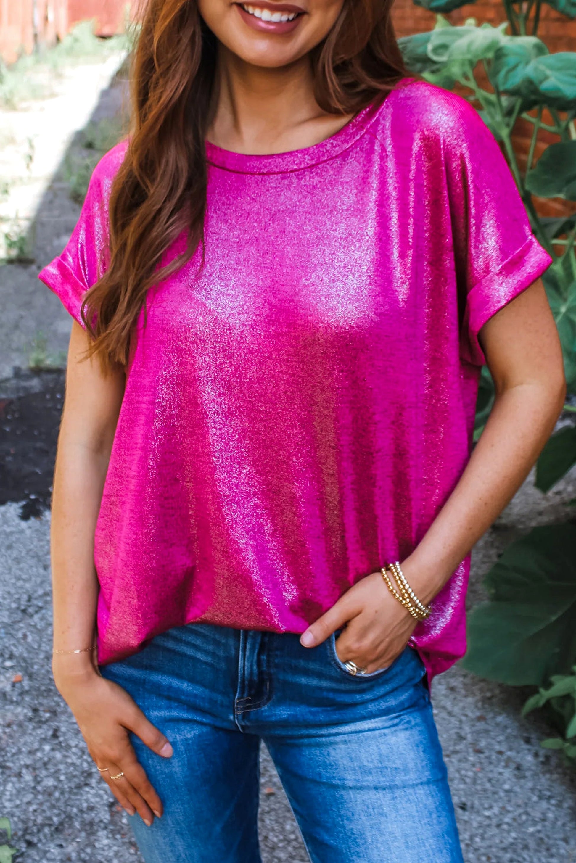 Festival Fuchsia Shine Shimmer Cuffed Short Sleeve Casual Top - enhanced image 1