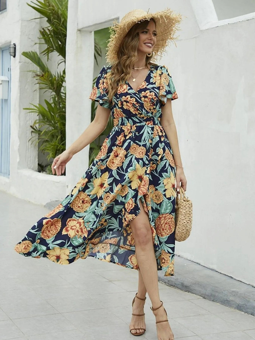 Floral Print Short Sleeve Wrap Midi Dress - enhanced image 1