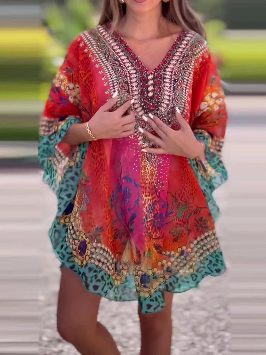 Floral Print V-Neck Cover Up - enhanced image 1