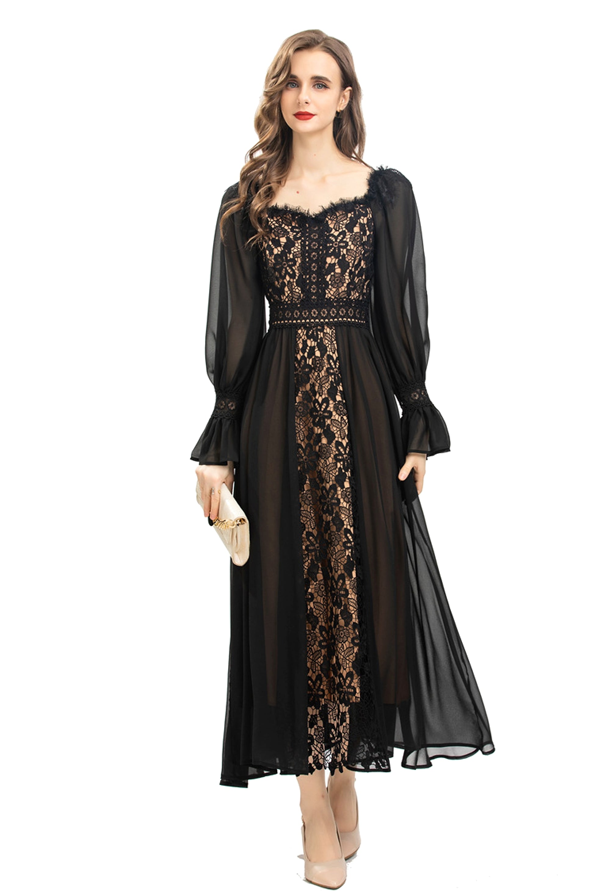 French Temperament Gentle Mesh Spliced Lace Slim Fit Dress - enhanced image 1
