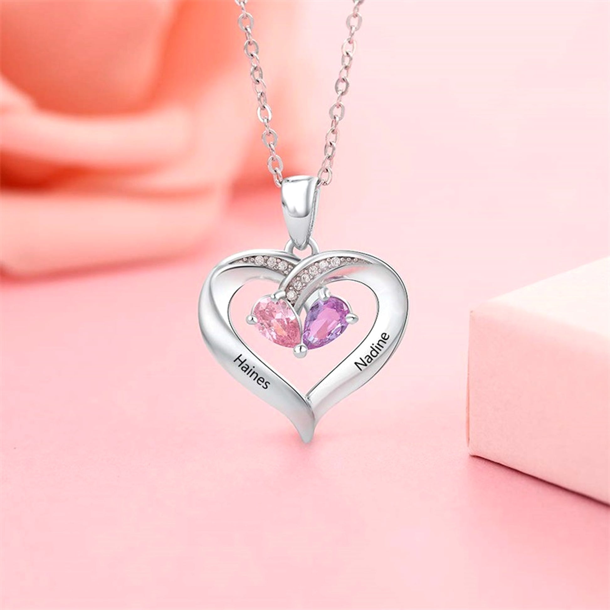 Personalized Heart-Shaped Gemstone Necklace – Custom Engraved Pendant - enhanced image 1