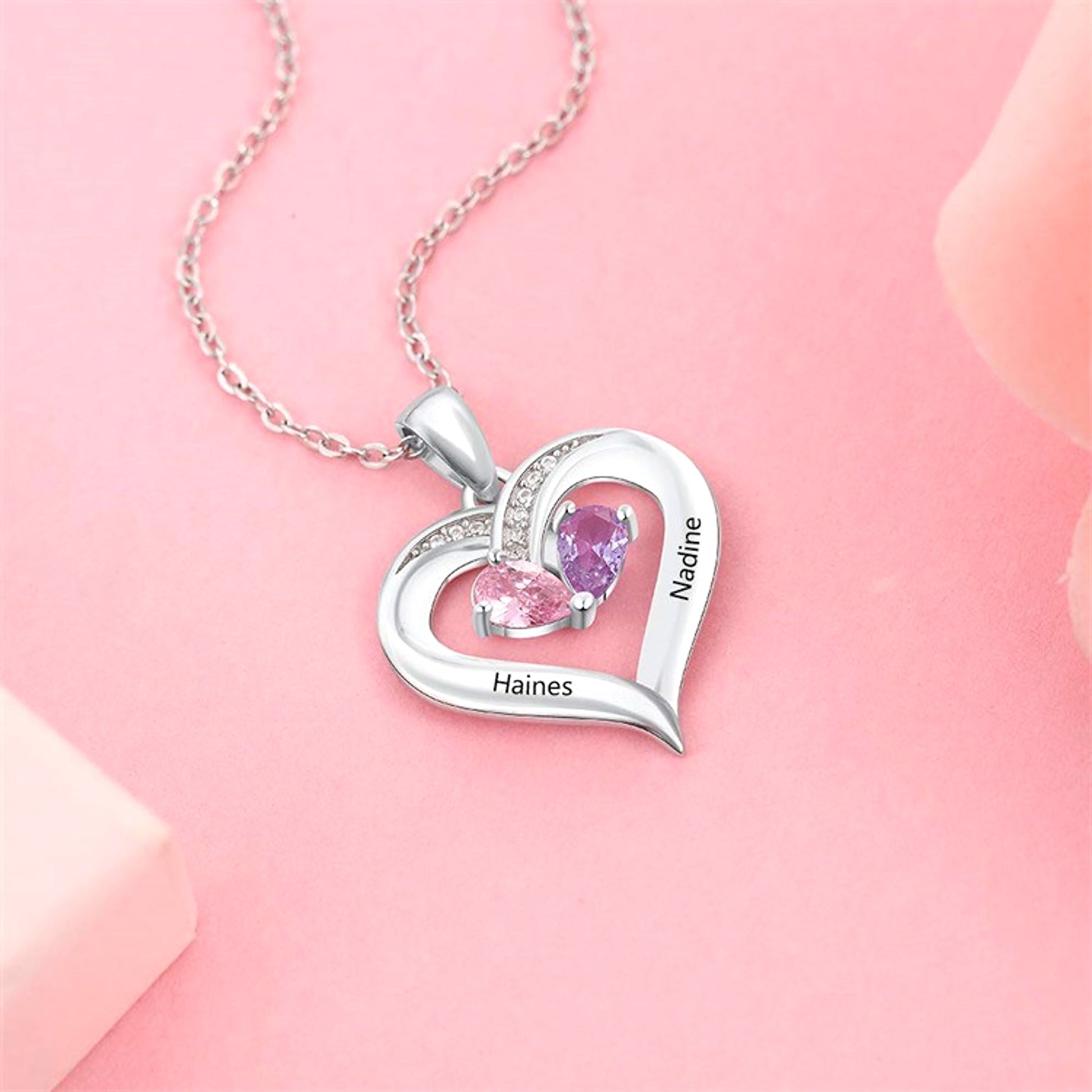 Personalized Heart-Shaped Gemstone Necklace – Custom Couple Pendant - enhanced image 1