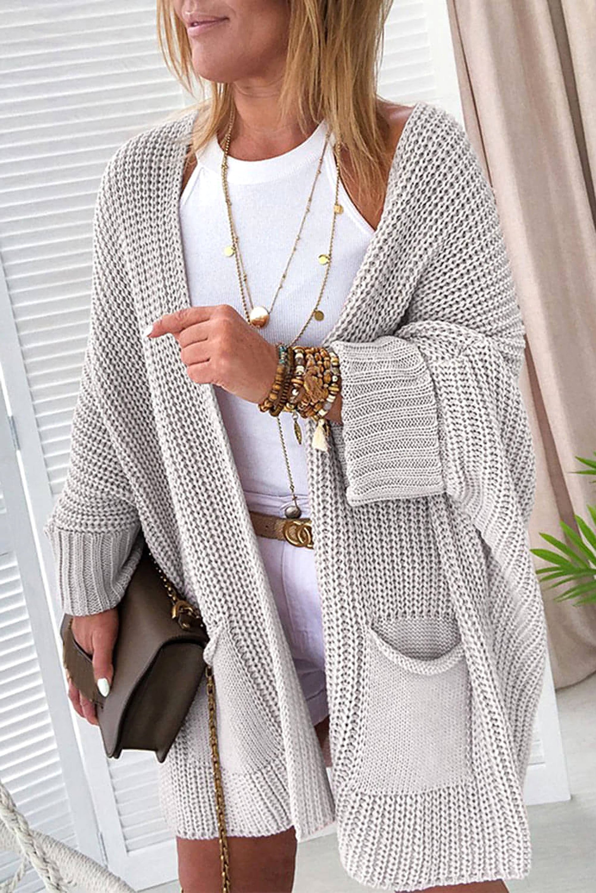 Gray Oversized Fold Over Sleeve Open Front Cardigan - enhanced image 1