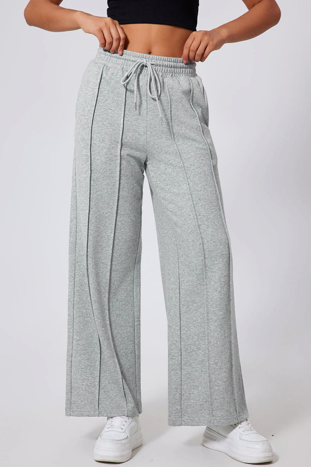Gray Seamed Drawstring High Waist Wide Leg Sweatpants - enhanced image 1