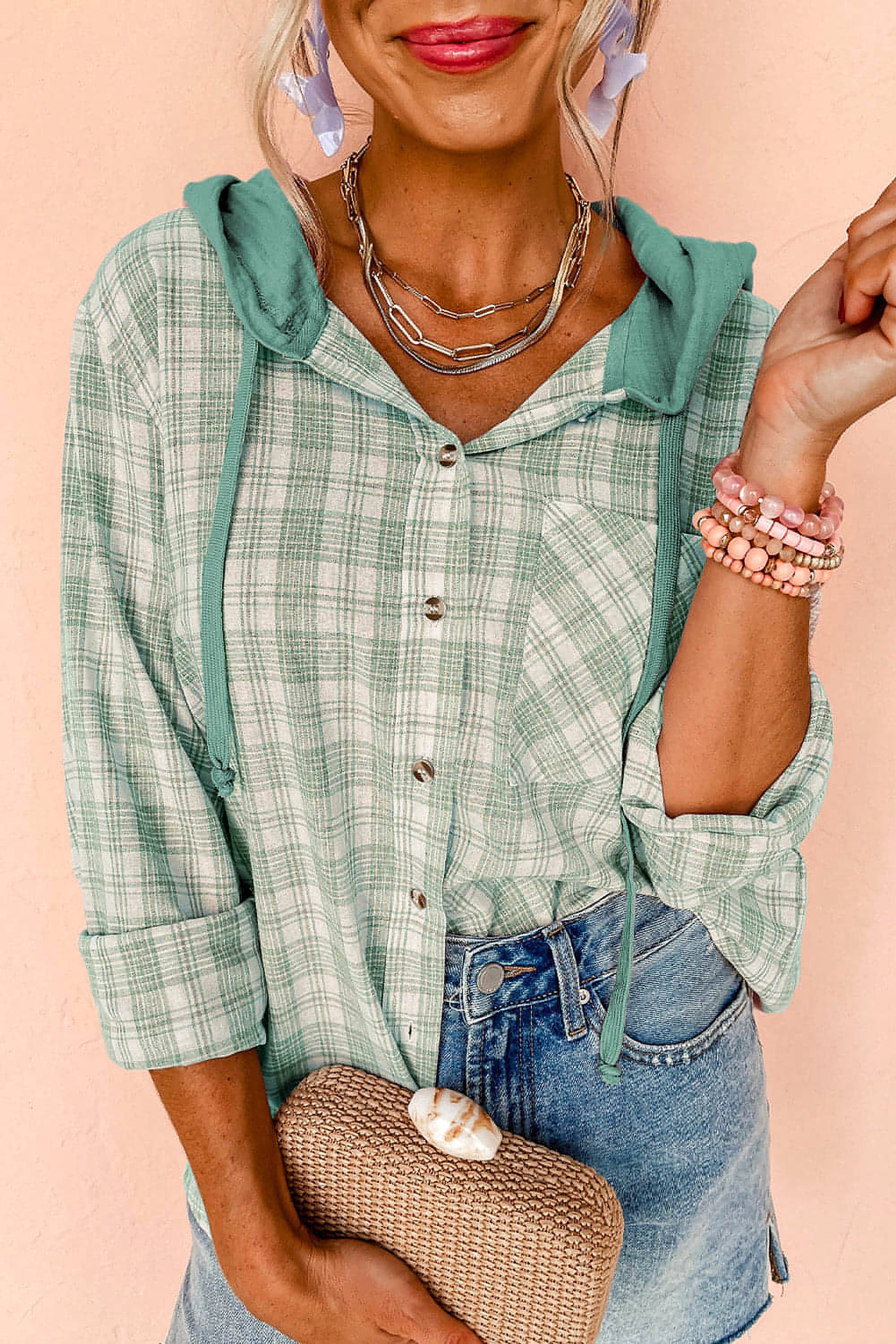 Green Checkered Print Loose Fit Buttoned Hooded Shacket - enhanced image 1