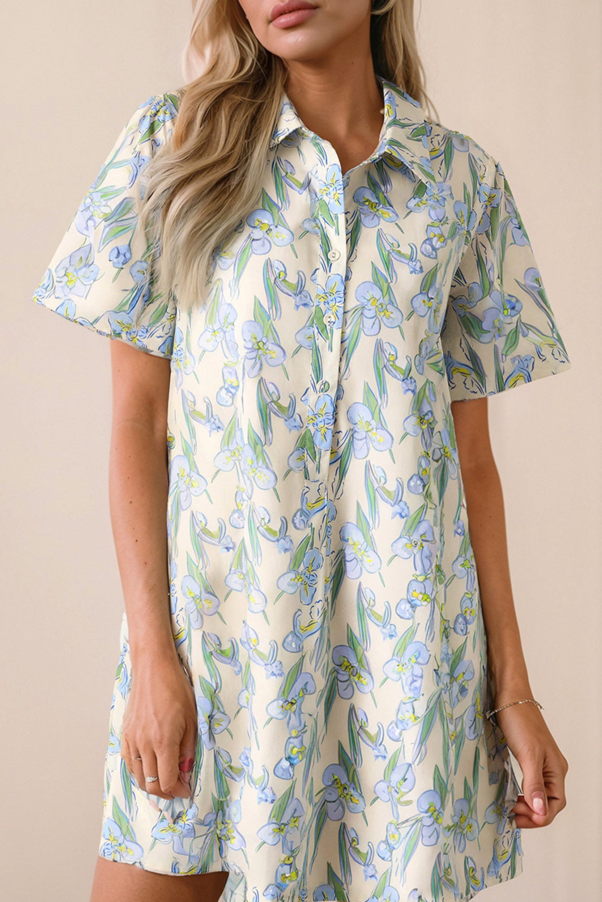 Green Floral Print Shirtcollar Buttoned Short Sleeve Shift Dress - enhanced image 1