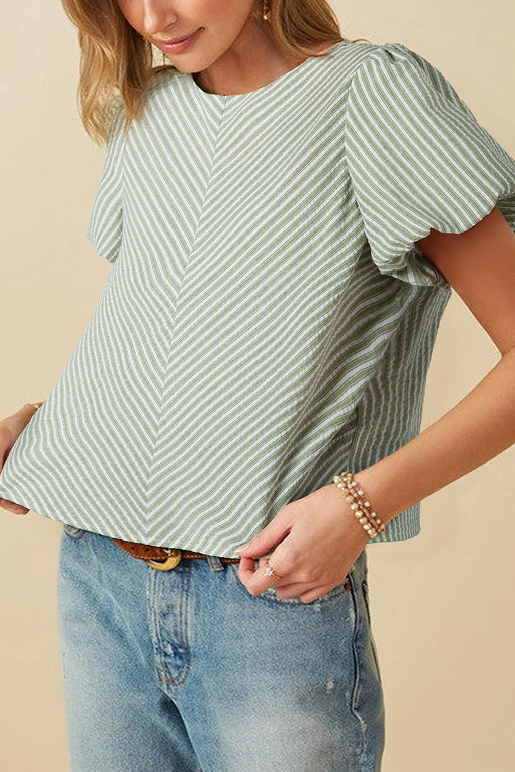 Green Stripe Textured Round Neck Short Puff Sleeve Blouse - enhanced image 1
