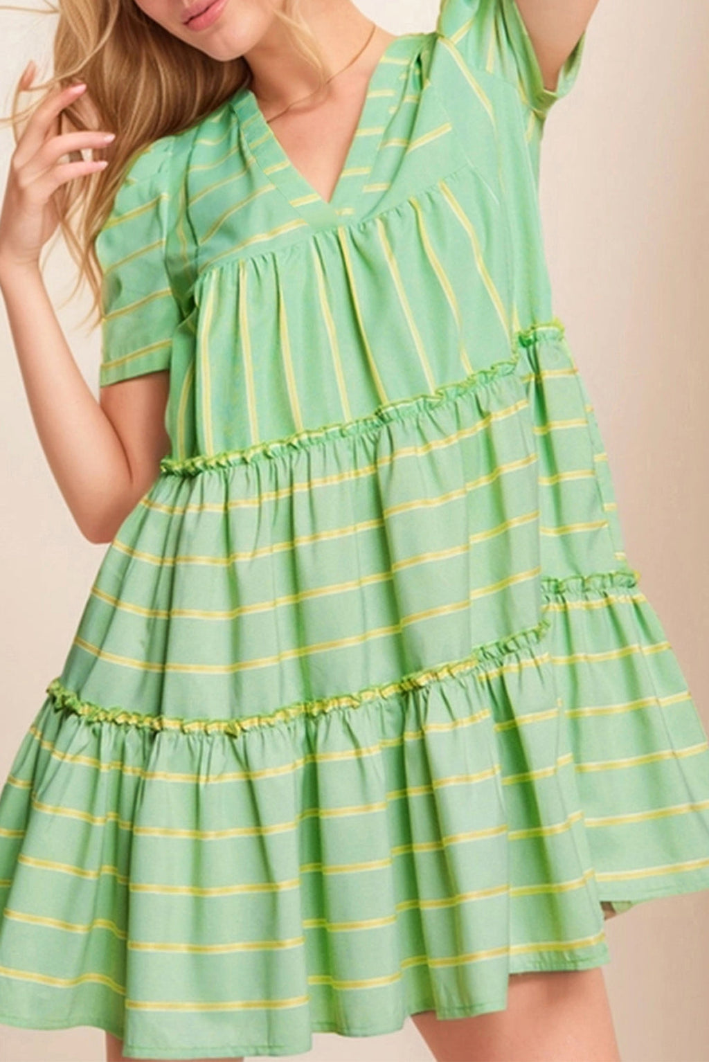 Green Stripe V Neck Short Sleeve Frilled Detail A-line Dress - enhanced image 1