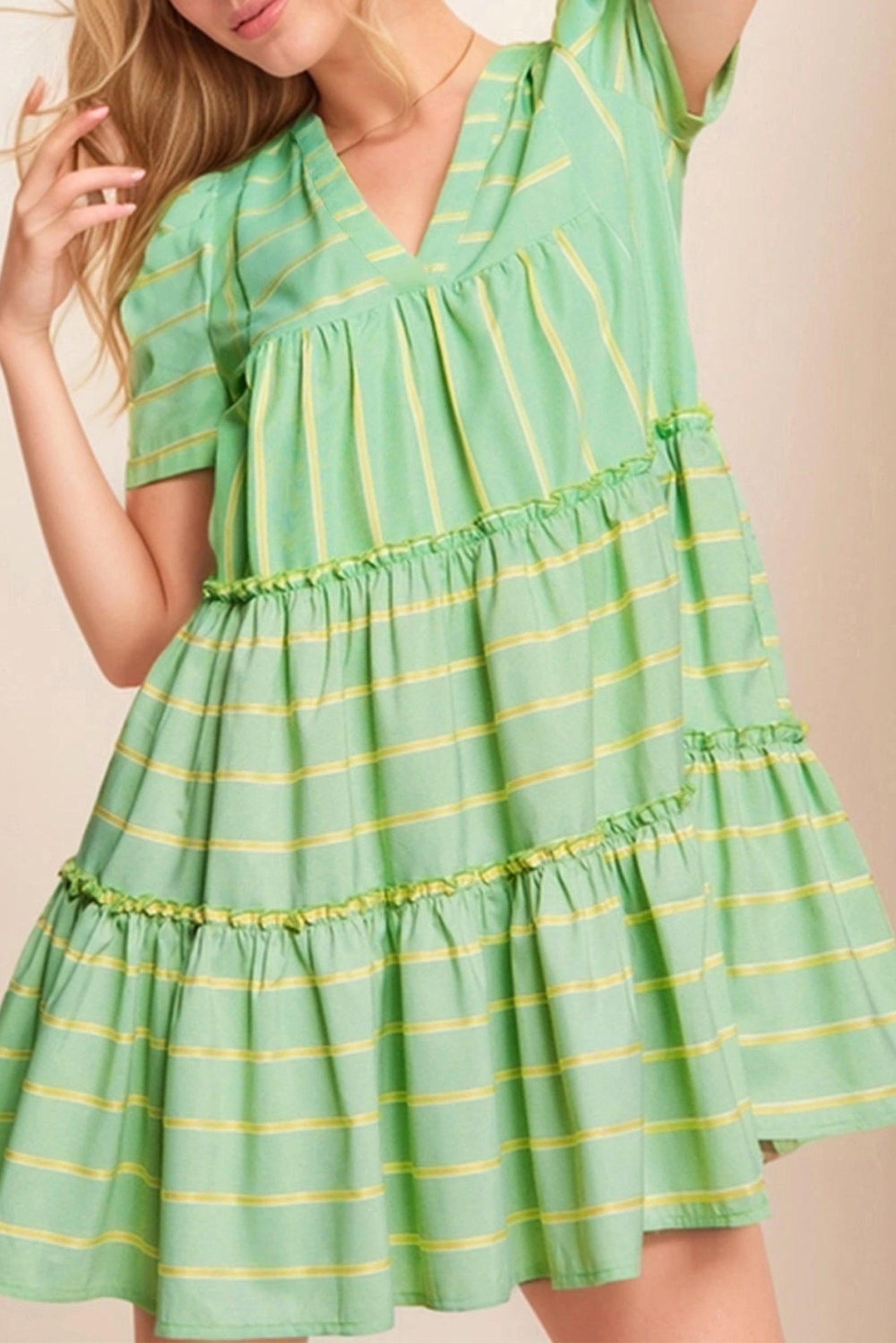 Green Stripe V Neck Short Sleeve Frilled Detail A-line Dress - enhanced image 1