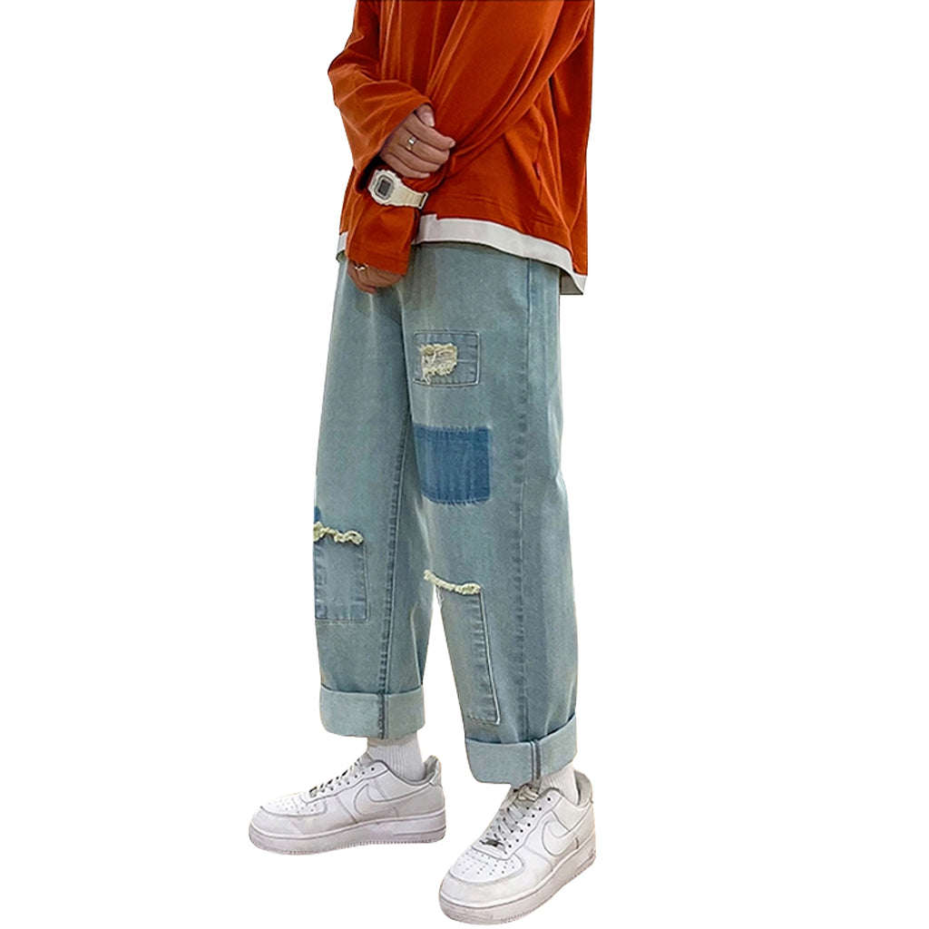 High Street Trousers Ripped Jeans Men Loose Straight Leg - enhanced image 1