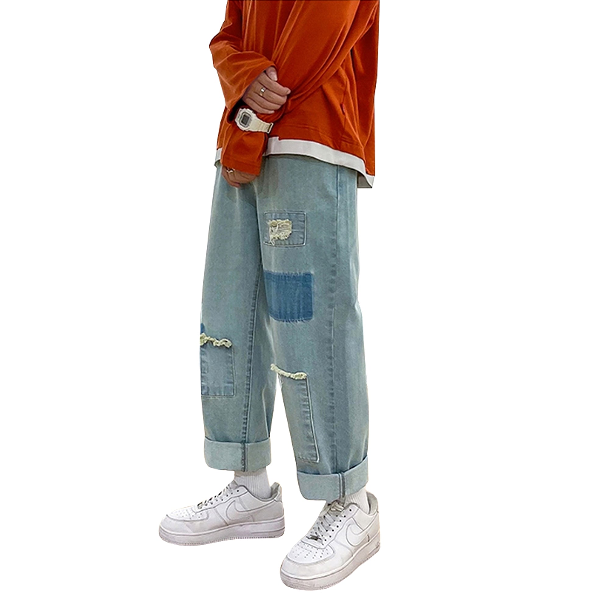 High Street Trousers Ripped Jeans Men Loose Straight Leg - enhanced image 1