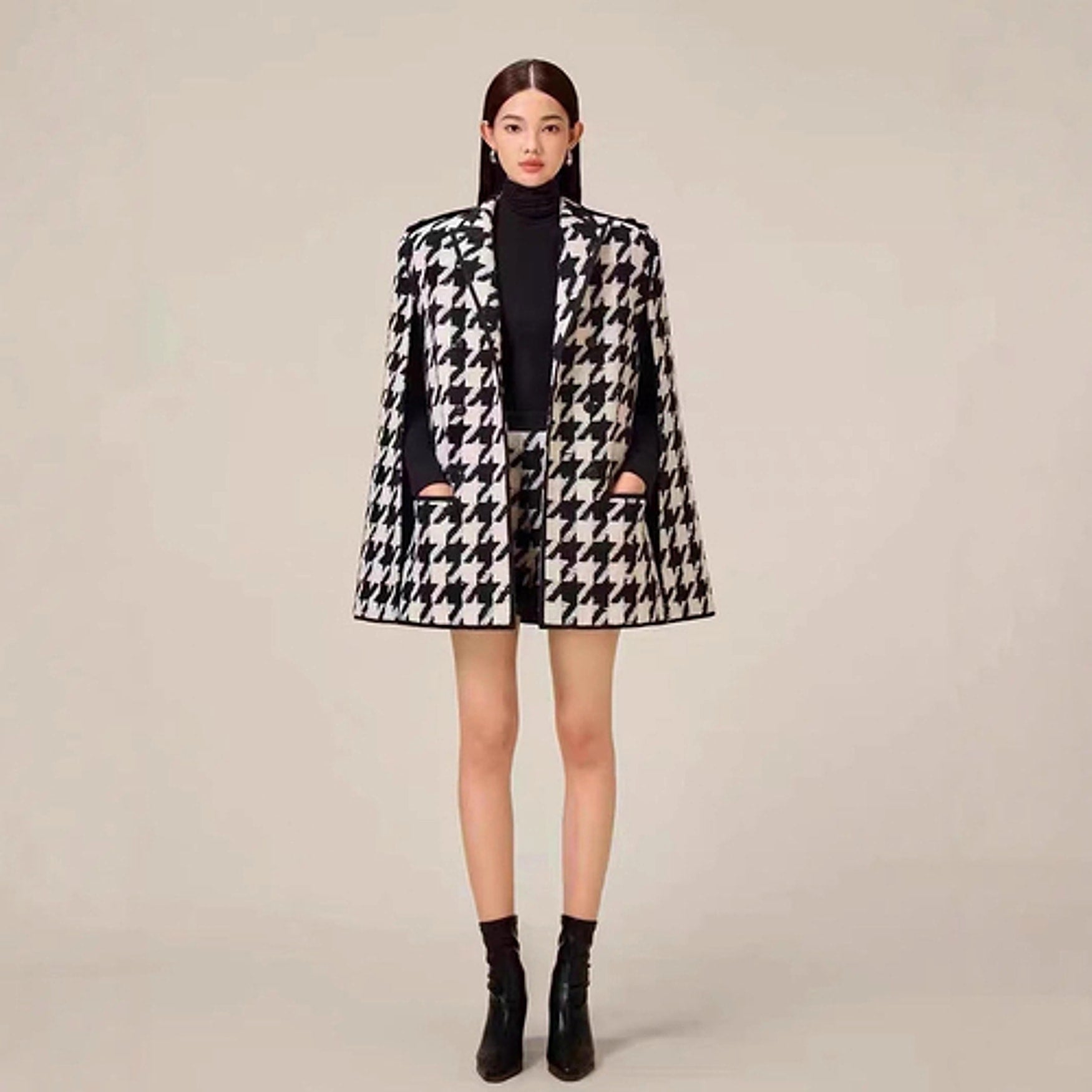 Houndstooth Woolen Cape Coat & Shorts – Elegant & Fashionable Set - enhanced image 1