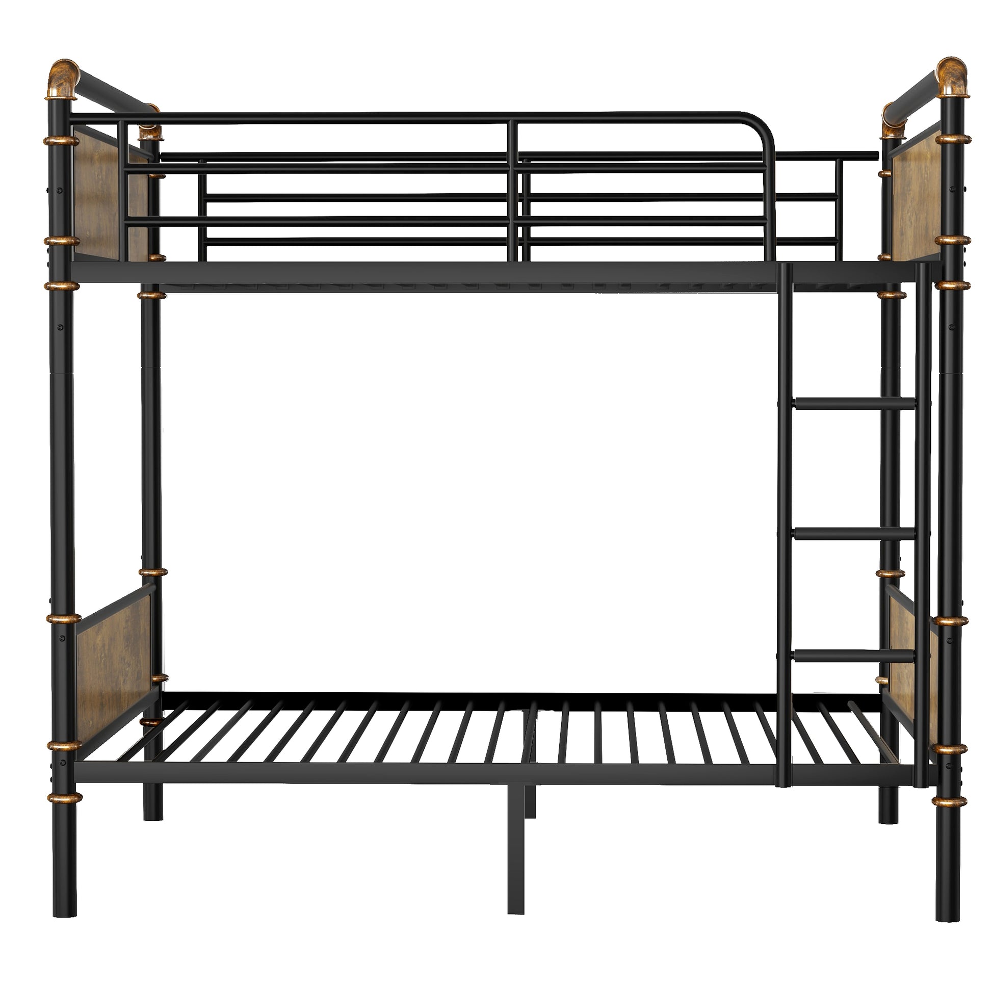 IronLoft™ – Twin XL Over Twin XL Metal Bunk Bed with Rustic Wood Finish & Safety Rail (US Warehouse) - enhanced image 1