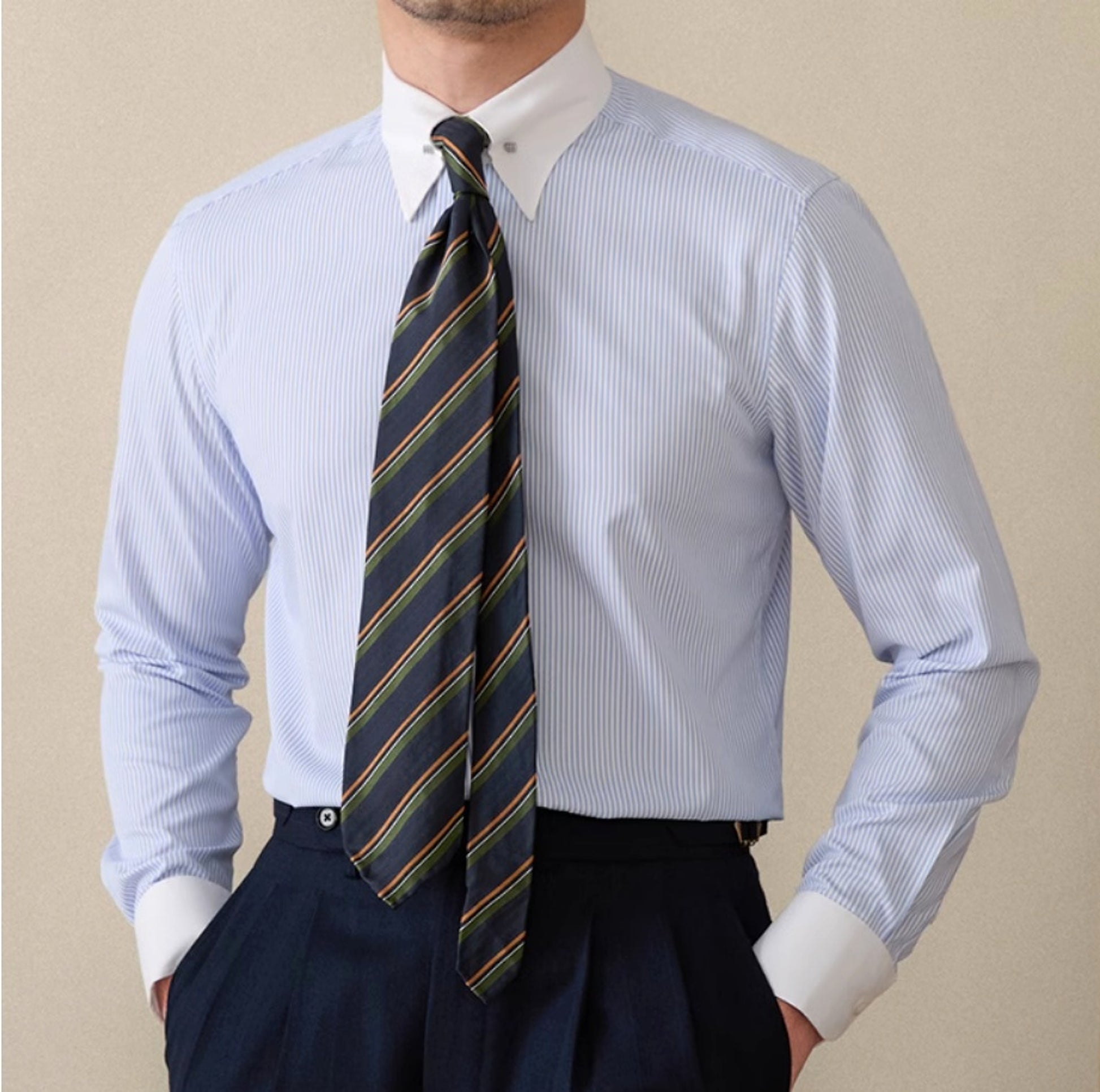 Italian Business Color Matching Pinhole Collar Non-ironing Striped Long Sleeve Shirt - enhanced image 1