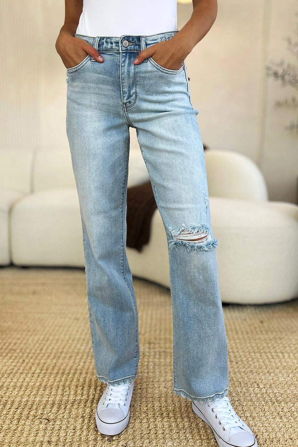 Judy Blue Full Size High Waist Distressed Straight Jeans - enhanced image 1