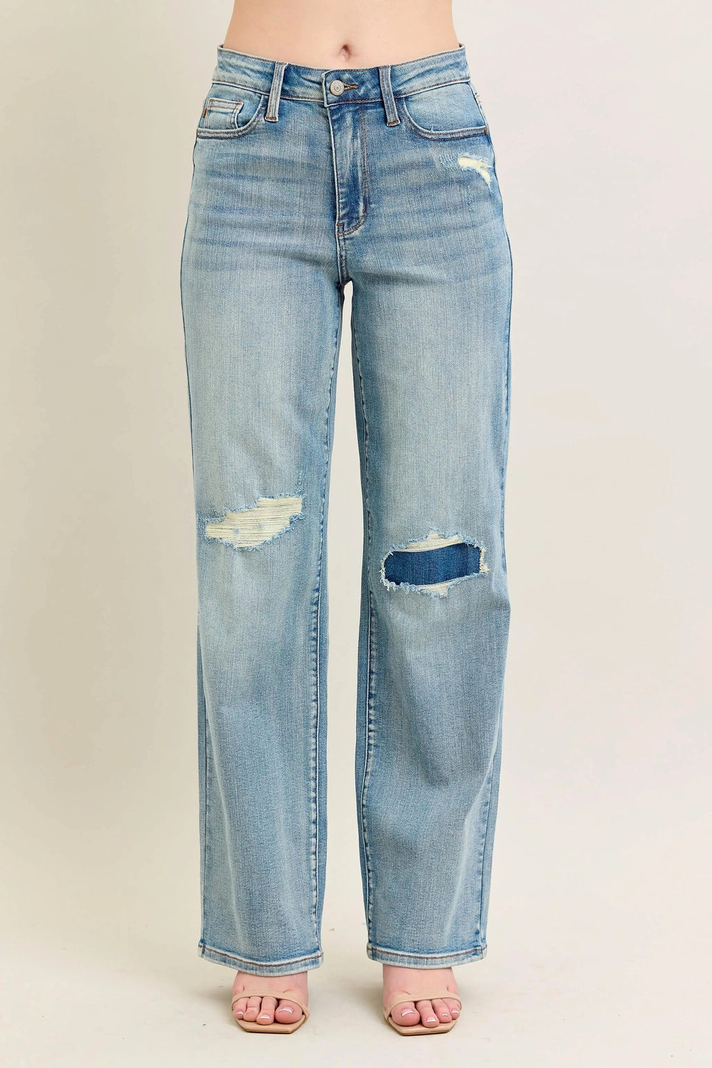 Judy Blue Full Size Hw Destroy & Knee Patch Straight Jeans Plus Size - enhanced image 1