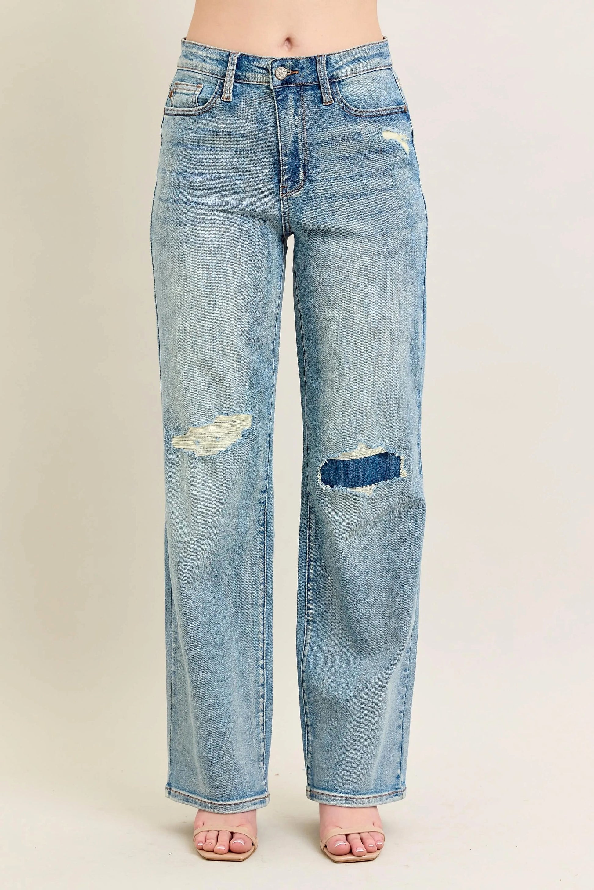 Judy Blue Full Size Hw Destroy & Knee Patch Straight Jeans Plus Size - enhanced image 1