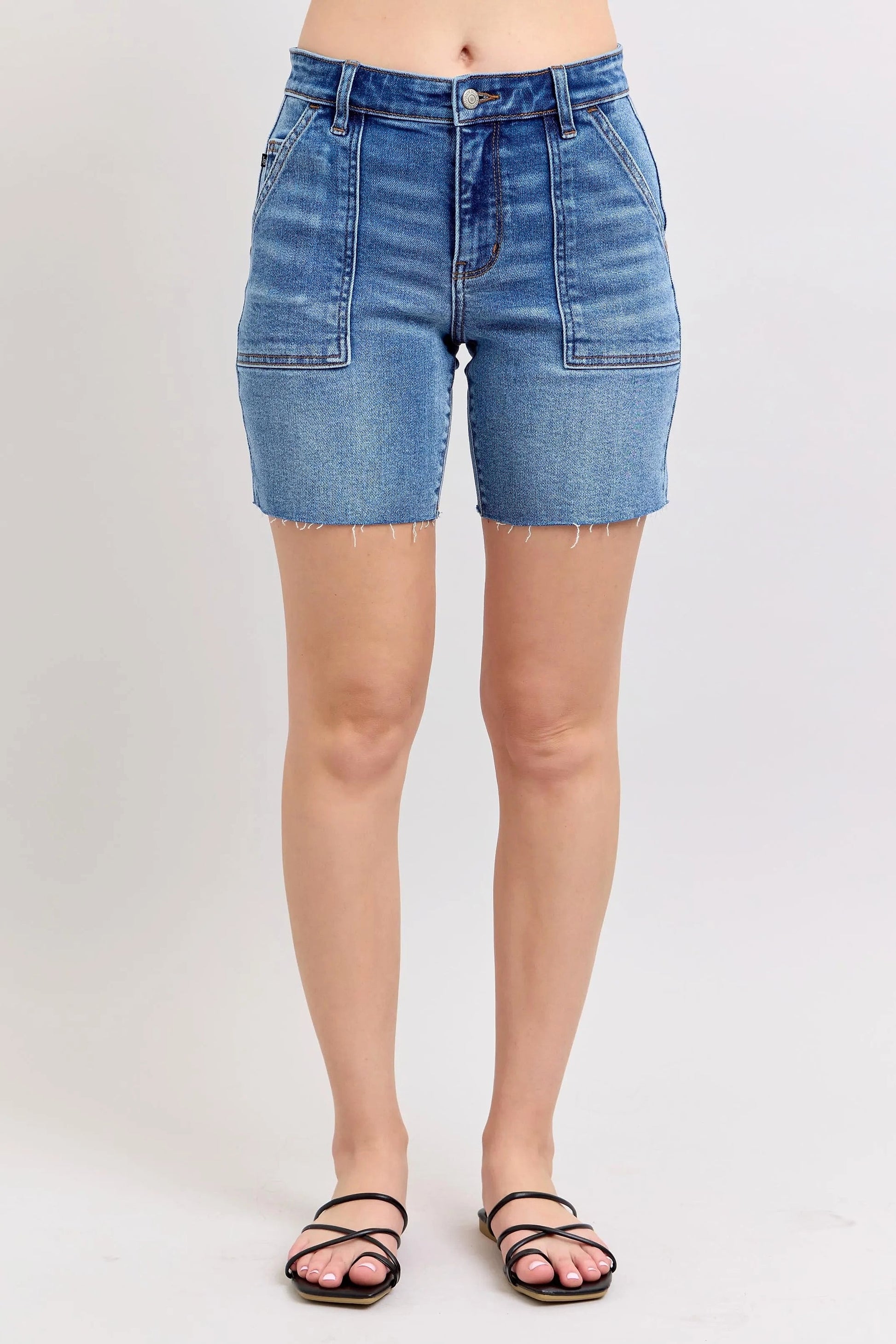 Judy Blue Full Size Mid Rise Bermudas Denim Shorts W/ Back Flap Pockets Plus Size - enhanced image 1